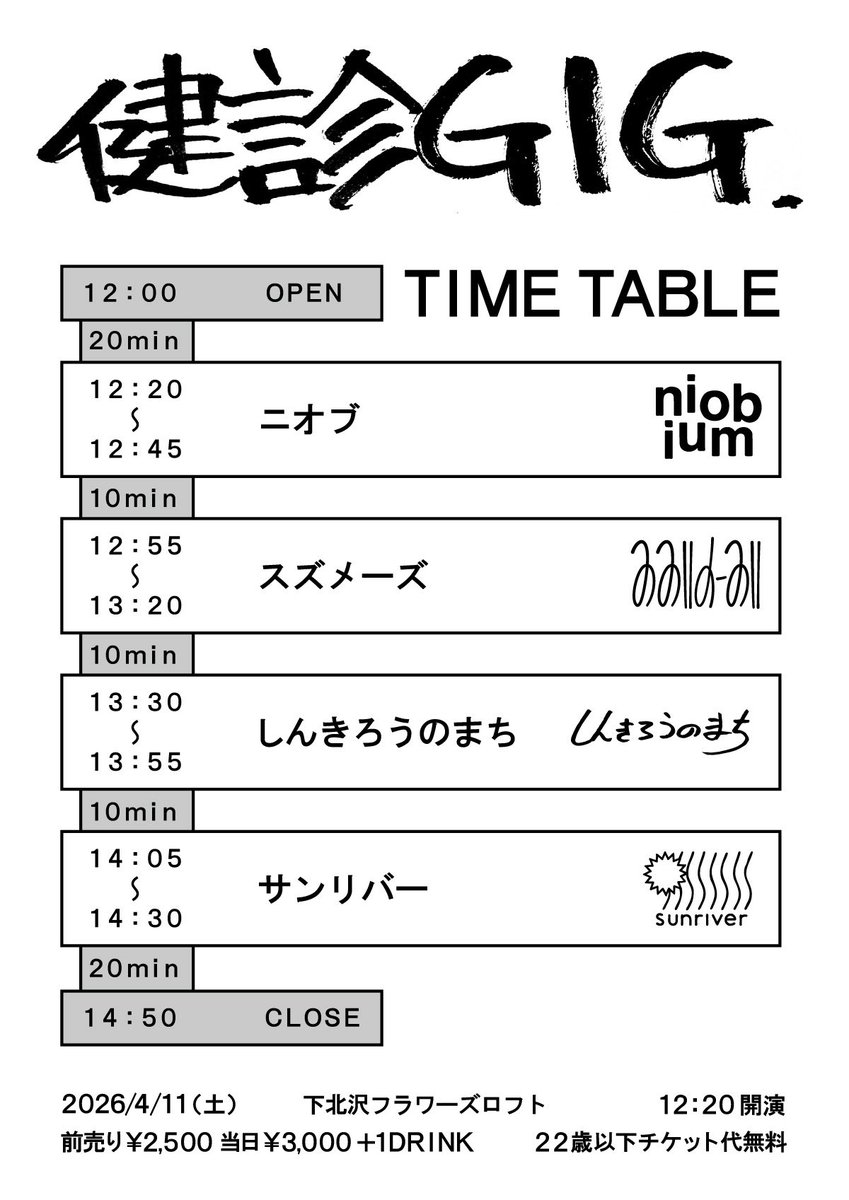 suzumase's tweet photo. “#健診GIG”
2026年4月11日(土)
昼12:00〜15:00
下北沢フラワーズロフト

niobium
スズメーズ
しんきろうのまち
sunriver

【22歳以下チケット代無料】

(詳細・予約)
 https://t.co/tCAPzw3Gyv https://t.co/aV23fTa9a3