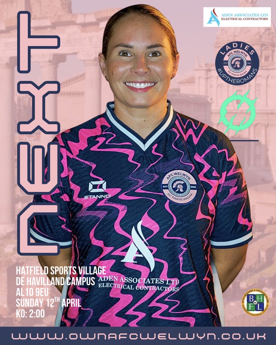 AFCWelwynLadies's tweet photo. AFC Welwyn Ladies 🆚 Oaklands Wolves Women 

📅 Sunday 12th April 2026
⏰ Kick-Off: 2:00 PM
🏟️ Hatfield Sports Village
Havilland Campus, Hatfield, AL10 9EU

👕 Matchday Kit Sponsor: @associatesaden 
🧥 Training Kit Sponsor: @randswindowfix 

#AFCWelwyn #WomensFootball #UTR https://t.co/ty9aEMja81