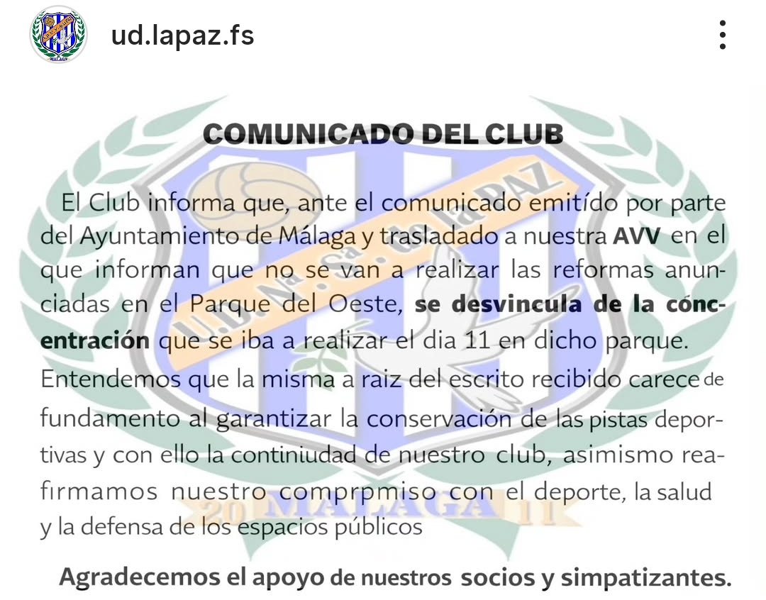 HuelinTV's tweet photo. El club @UDLaPazFS informa de se desvincula de la concentración del @ParqueDelOeste_ al garantizarse la conservación de las pistas deportivas, según el comunicado del ayuntamiento de que no habrá reformas. https://t.co/KNbbxJ083E