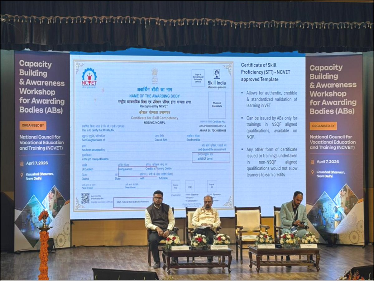 MiningSSC's tweet photo. Representatives from the @MiningSSC participated in a Capacity Building and Awareness Workshop for Awarding Bodies, organized by the @NCVETIndia , MSDE, GoI &amp; Training under the Ministry of Skill Development and Entrepreneurship, India, GoI, on 7th April 2026 at Kaushal Bhawan. https://t.co/K9AC7CT77s