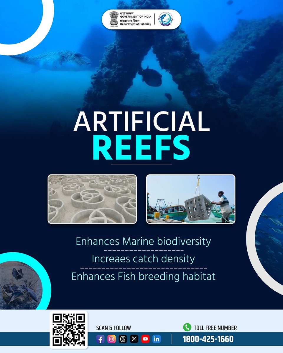 FisheriesGoI's tweet image. To promote sustainable practices, Department of Fisheries has sanctioned 732 Artificial Reef (AR) units with a total investment of Rs. 126 crore under PMMSY. 

#ArtificialReefs #Sustainability #Biodiversity  #PMMSY #MatsyaSampadaSeSamriddhi