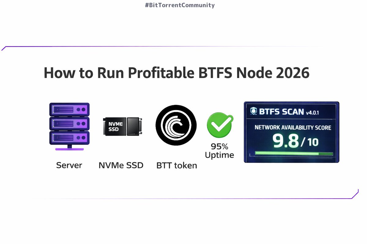 TheBTTCommunity's tweet image. 🧵 How to Run a Profitable BTFS Node in 2026 (1/10)

Decentralized storage = future. $BTT powers BTFS, earn rewards hosting files on TRON ecosystem. But it's competitive post-halvings. Need high uptime (95%+), low latency, cheap power. Here's the playbook. #BTFS #BTT