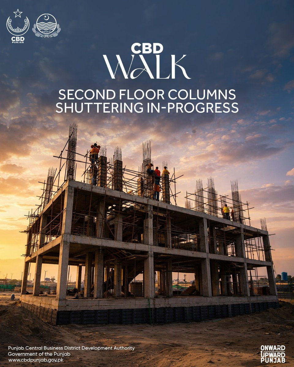 CBDPunjab's tweet photo. CBD Walk Development Update # 03 6/4/2026

Construction at CBD Walk is progressing with steady momentum. Civil works for the ground-floor stairs are complete, alongside the successful completion of the 1st floor slab. Work has now shifted to the next level, with shuttering for the 1st and 2nd floor columns currently in progress

#CBDPunjab #PremiumDevelopmentAuthority #DevelopmentUpdates #CBDWalk