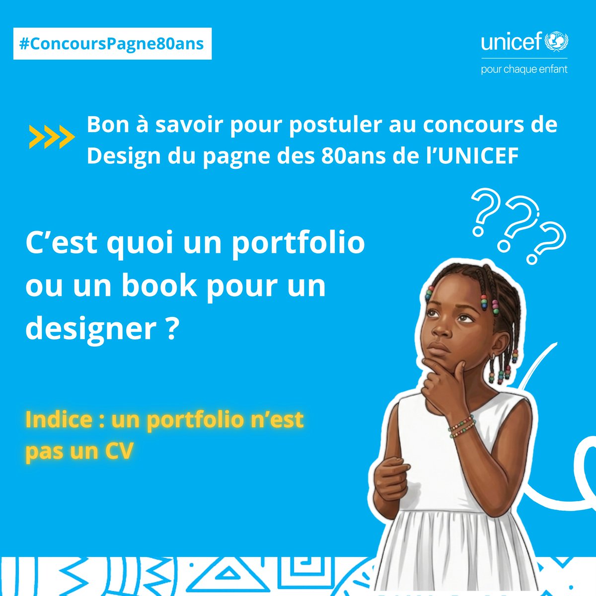 unicefcameroon's tweet image. Vous êtes nombreux à participer au concours du pagne organisé par @unicefcameroon   dans le cadre de la célébration des 80 ans de l'#UNICEF.
Certains ont souhaité en savoir plus sur ce qu'est un portfolio. Nous vous en donnons l'explication dans ce carrousel.
Continuez à postuler