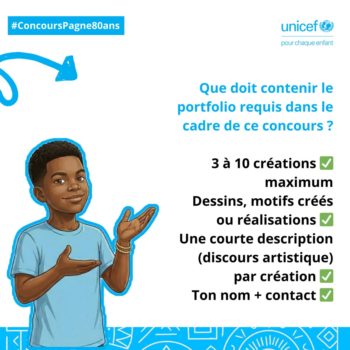 unicefcameroon's tweet image. Vous êtes nombreux à participer au concours du pagne organisé par @unicefcameroon   dans le cadre de la célébration des 80 ans de l'#UNICEF.
Certains ont souhaité en savoir plus sur ce qu'est un portfolio. Nous vous en donnons l'explication dans ce carrousel.
Continuez à postuler