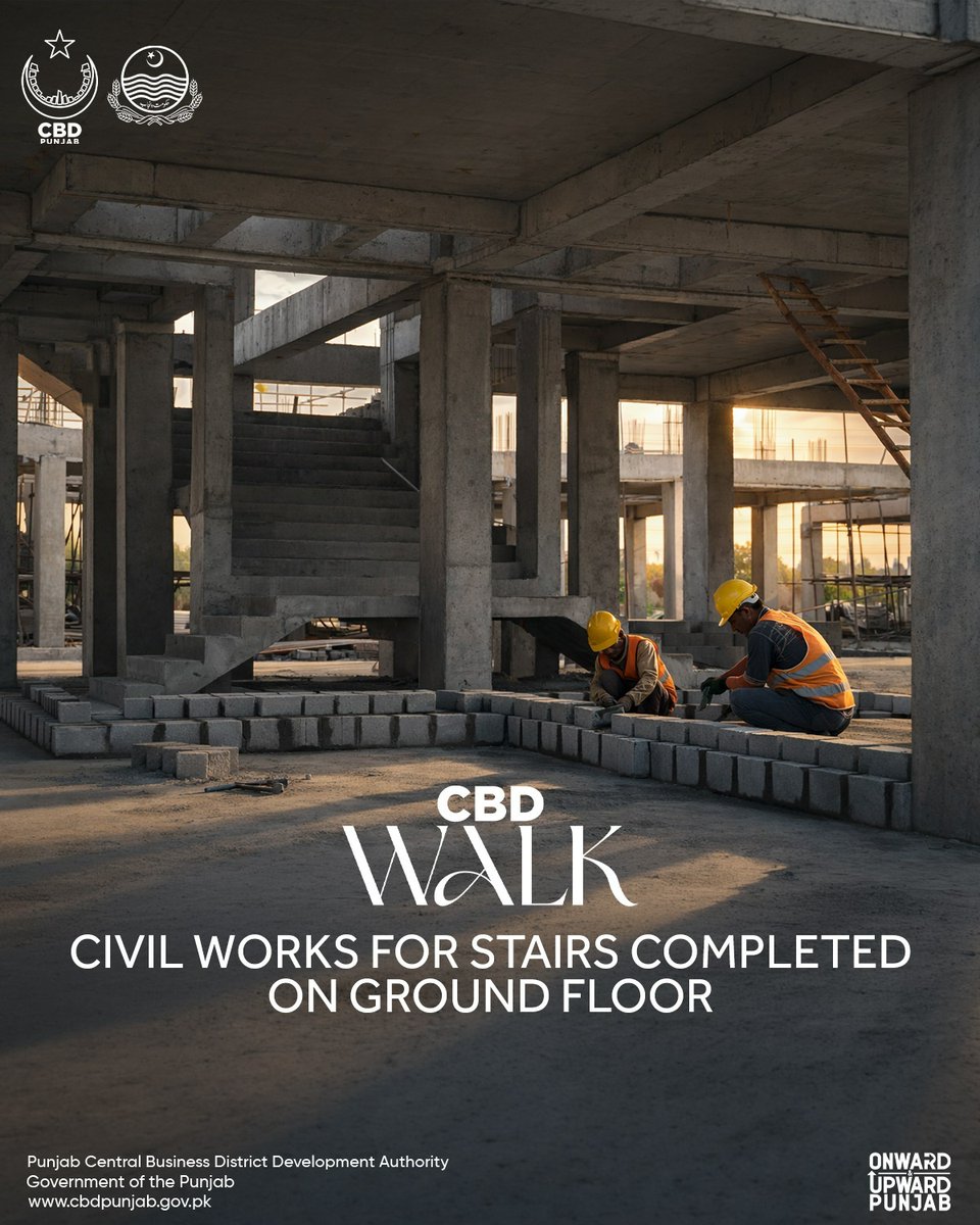 CBDPunjab's tweet photo. CBD Walk Development Update # 03 6/4/2026

Construction at CBD Walk is progressing with steady momentum. Civil works for the ground-floor stairs are complete, alongside the successful completion of the 1st floor slab. Work has now shifted to the next level, with shuttering for the 1st and 2nd floor columns currently in progress

#CBDPunjab #PremiumDevelopmentAuthority #DevelopmentUpdates #CBDWalk