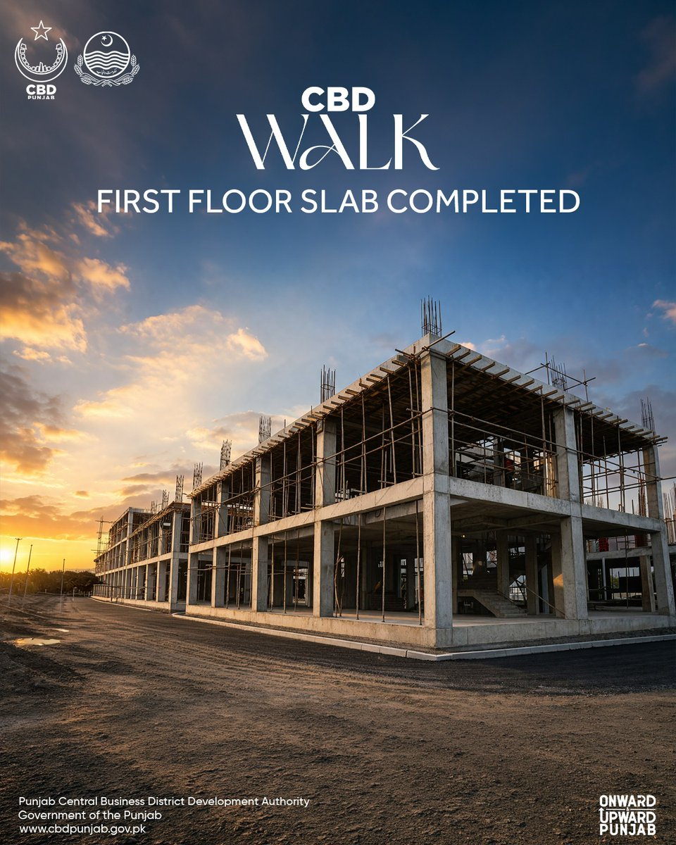 CBDPunjab's tweet photo. CBD Walk Development Update # 03 6/4/2026

Construction at CBD Walk is progressing with steady momentum. Civil works for the ground-floor stairs are complete, alongside the successful completion of the 1st floor slab. Work has now shifted to the next level, with shuttering for the 1st and 2nd floor columns currently in progress

#CBDPunjab #PremiumDevelopmentAuthority #DevelopmentUpdates #CBDWalk