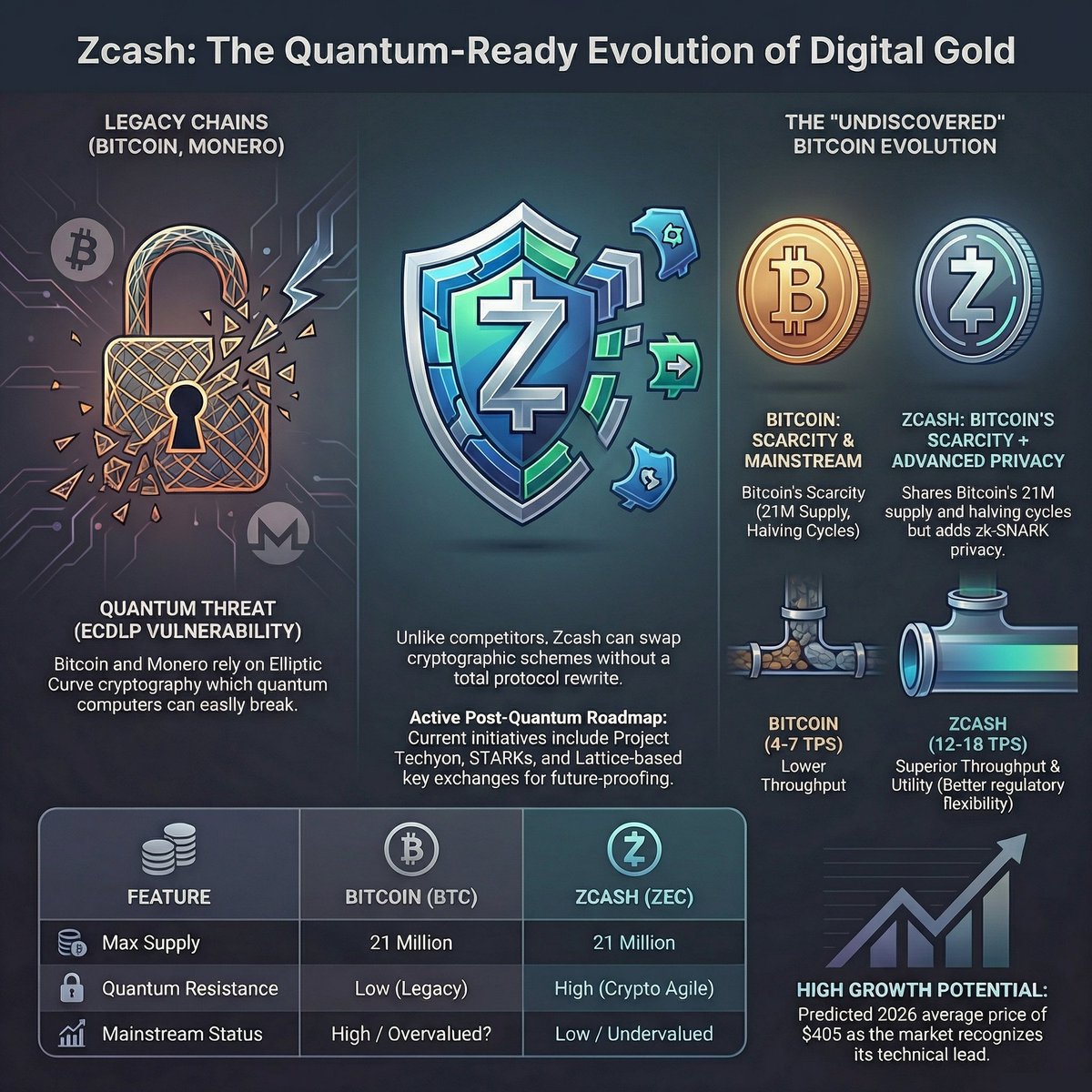We_Are_YouChain's tweet photo. ZCASH, THE NEW BITCOIN [PROBABLY].

Bitcoin e Monero usano ECDSA, ossia sono vulnerabili all'algoritmo di Shor. $ZEC ha invece una architettura modulare che garantisce la crypto agility nella roadmap post-quantum tramite STARKs, Kyber e Project Tachyon. Zcash ha gli stessi fondamentali monetari di BTC. Il nuovo Bitcoin è già qui: Zcash non è ancora mainstream ed il mercato non lo ha ancora capito.