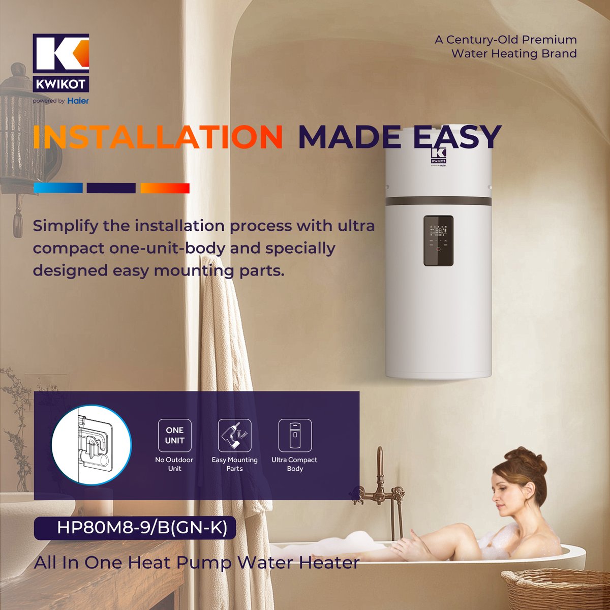 HaierWH's tweet image. 🔧 Installation Made Easy 🚿 
KWIKOT All-in-One Heat Pump Water Heater —compact, efficient, and hassle-free. ✨ 
ONE UNIT, no outdoor needed 🌿 
Ultra-compact design 📦 
Easy mounting for quick setup ⚡ 
#KWIKOT #HeatPump #EasyInstall #SmartLiving