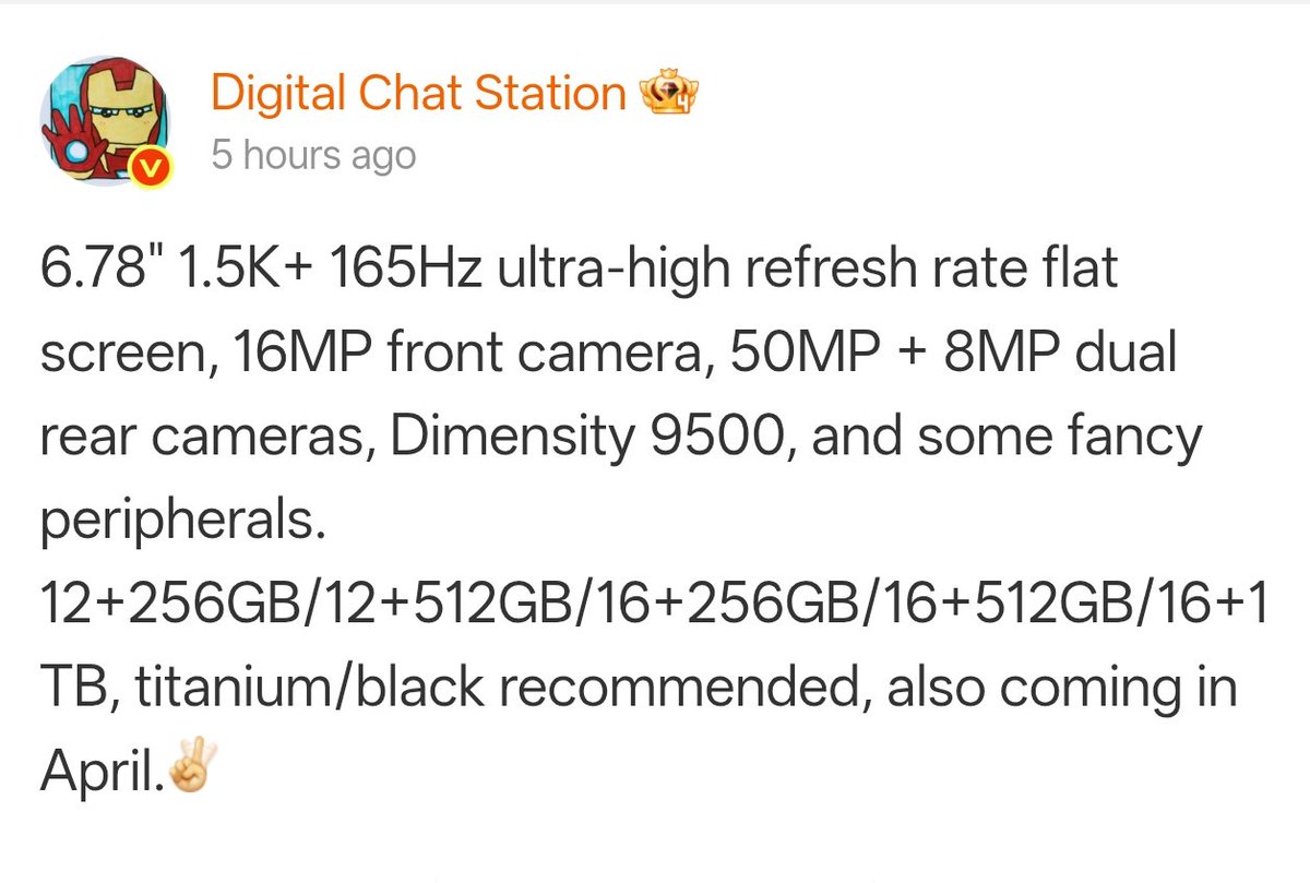 ayansonunigam's tweet image. OnePlus Ace 6 Extreme Edition 🚨

📌 6.78" 1.5K 165Hz LTPS Flat📱 
📌 Dimensity 9500
📌 50MP + 8MP Rear 📸 
📌 16MP 🤳 
📌 8000mAh+🔋

Storage Option 👇
12/16GB + 256/512 GB &amp;amp; 16GB +1TB

Color Option : Titanium / Black

#OnePlus #OnePlusAce6ExtremeEdition