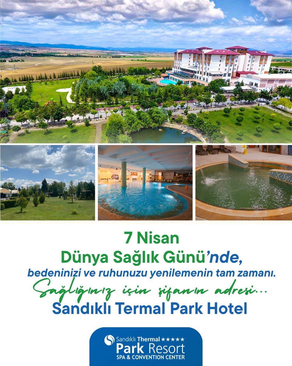 Sağlığınız için doğadan gelen mucize! 💧🩺
7 Nisan Dünya Sağlık Günü kutlu olsun. 
Geniş yeşil alanlarımız, açık ve kapalı termal havuzlarımızla sağlığınızı önceliğimiz yapıyoruz. Bu özel günde şifa dolu bir tatil planı yapmanın tam zamanı!
#SandıklıThermal #SağlıkTurizmi