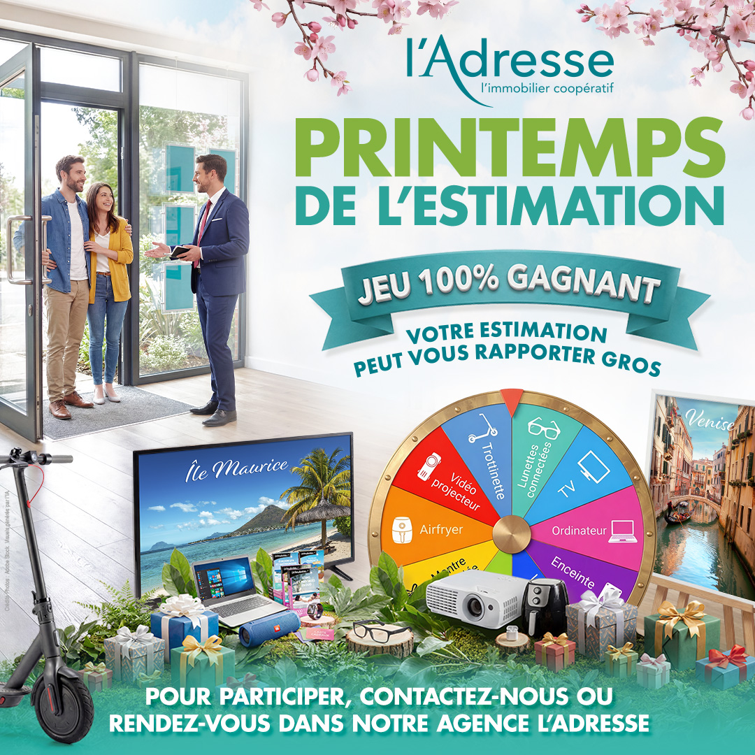 lAdresseimmo's tweet photo. Du 20 mars au 20 juin, faites estimer votre bien gratuitement par l'une de nos agences l'Adresse et participez automatiquement à notre jeu 100% gagnant
Pré-inscrivez-vous dès maintenant ou rendez-vous directement dans l'une de nos agences participantes 👇

https://t.co/nZwBaUKXZN https://t.co/28hf4CBAFB