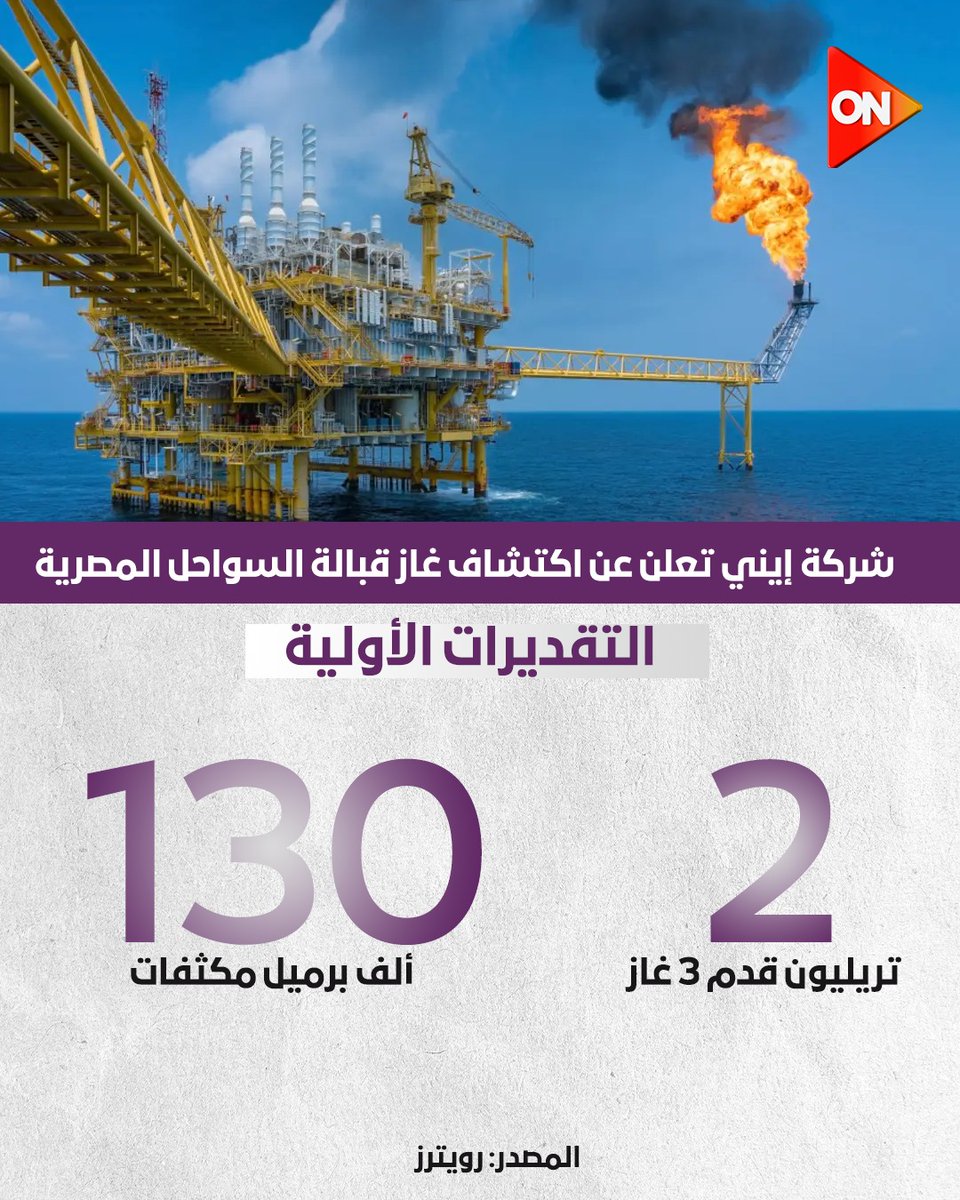 ONTVEgy's tweet image. شركة إيني تعلن عن اكتشاف غاز قبالة السواحل المصرية

#ON