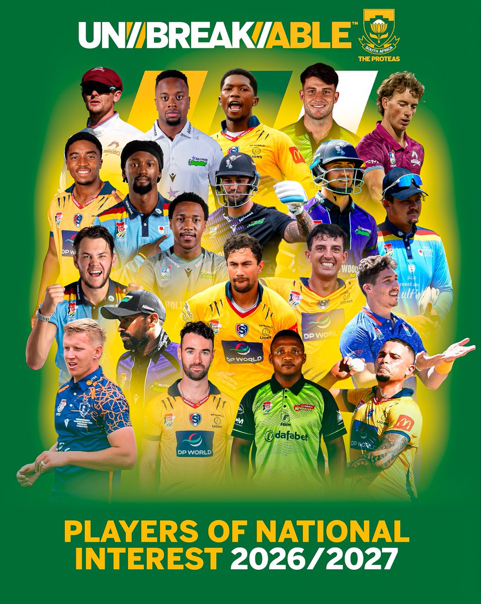 ProteasMenCSA's tweet photo. PLAYERS of NATIONAL INTEREST. 🚨

Cricket South Africa (CSA) has announced that this season will see the introduction of Players of National Interest, a group of Division 1 Men’s players identified as part of the national succession pipeline across all formats for international and South Africa A tours. 

#Unbreakable