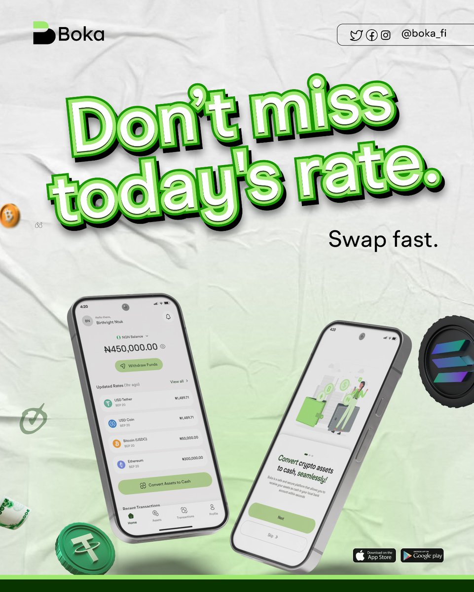 Boka_Fi's tweet photo. Tired of bad rates and slow apps? 📉
Get paid faster⚡with more value for your assets💰. Download Boka now! 📲
#Boka #CryptoNigeria #Naira #CryptoRates #Fintech #Web3 #CryptoToCash #TradingMadeEasy https://t.co/Mt4CeQv7ey