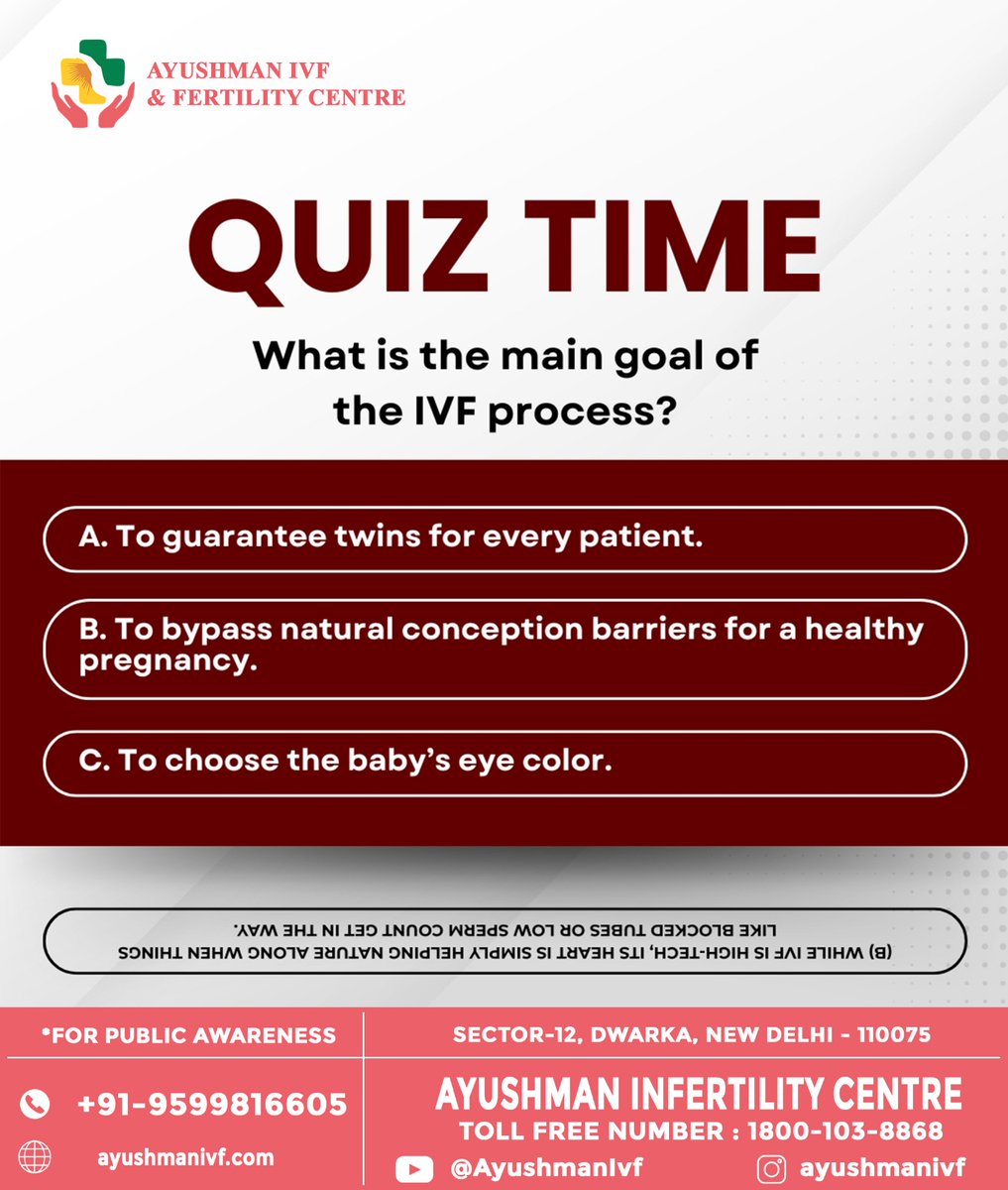 Ayushmanivf's tweet photo. Quiz Time! 🤔
What is the main goal of the IVF process?

Drop your answer below! 👇
— Ayushman Infertility Centre
#IVF #FertilityAwareness #QuizTime #AyushmanInfertility #InfertilityTreatment #HealthcareQuiz https://t.co/Kd52SUN0gP
