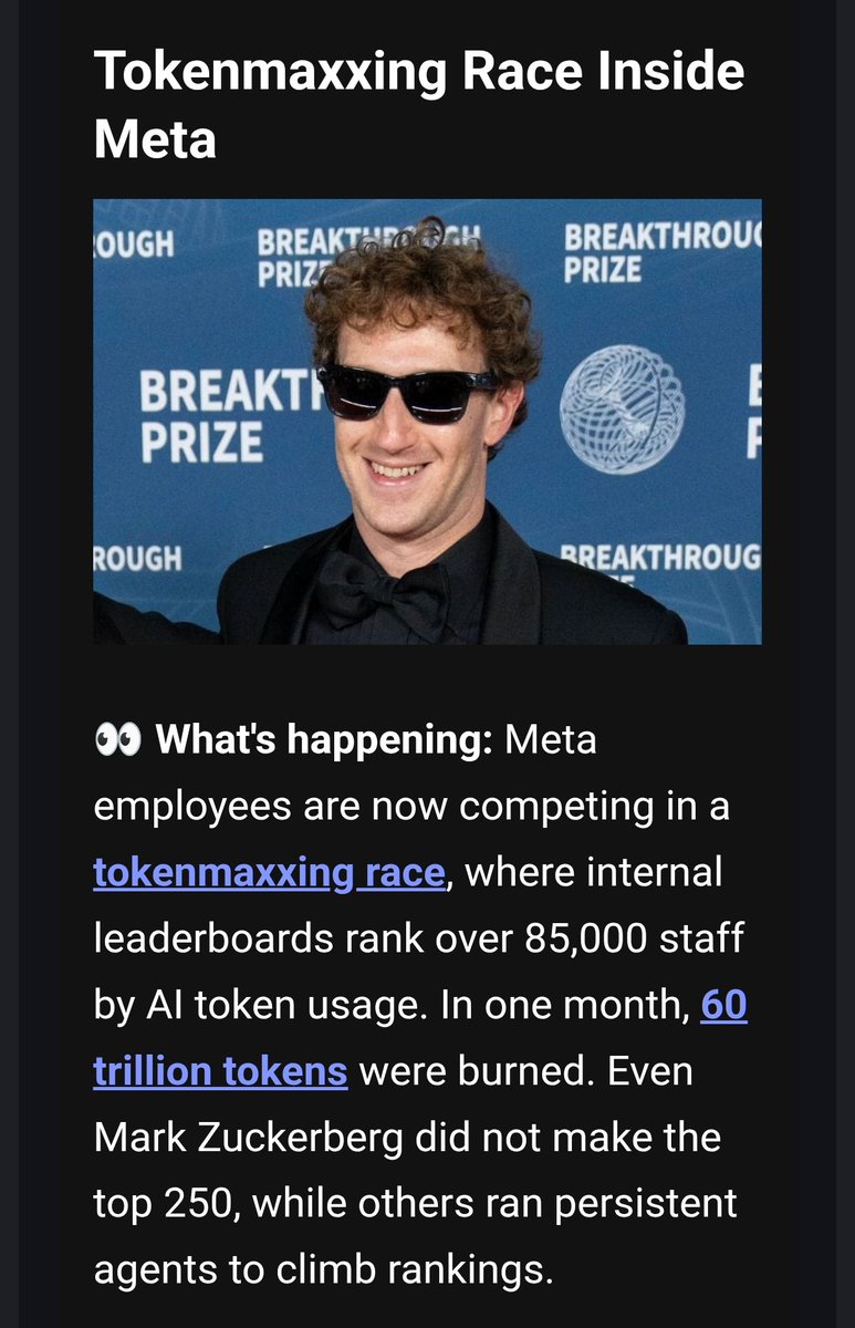 v_shakthi's tweet image. This is simply mind-blowing and meta even for Meta! #TokenMaxxing is now a #productivity metric in big tech. First, there's the addition of Token allowances in the #compansation packages and now there's a race where 60 trillion is a number being casually discussed!

The paradigm