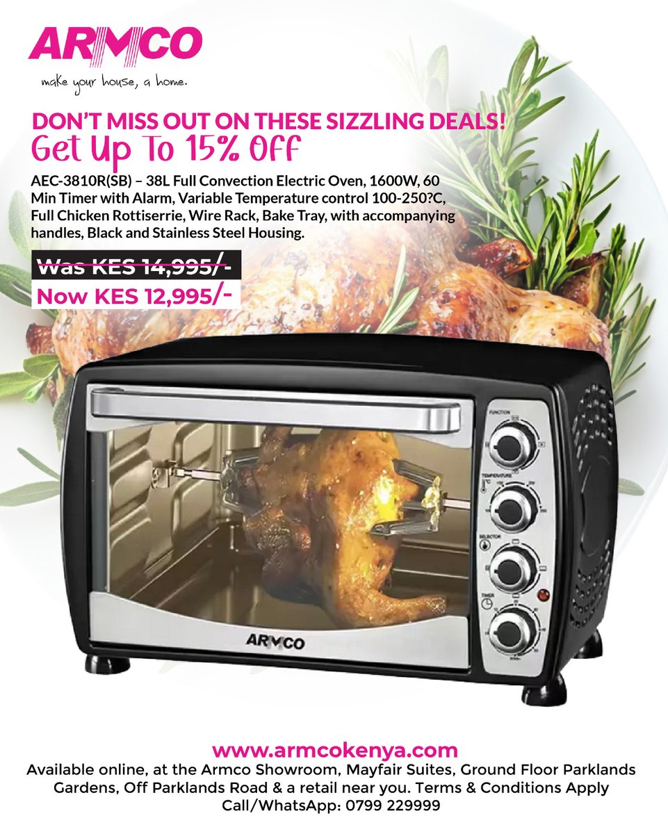 ArmcoKenya's tweet image. Upgrade your kitchen with an Armco Electric Oven and save UP TO 15%! 💰
Limited time offer. 

Grab yours today: armcokenya.com/product-catego…
📱 0799 229 999

#EasterDealsKE #KitchenEssentials #Armco #Easter2026