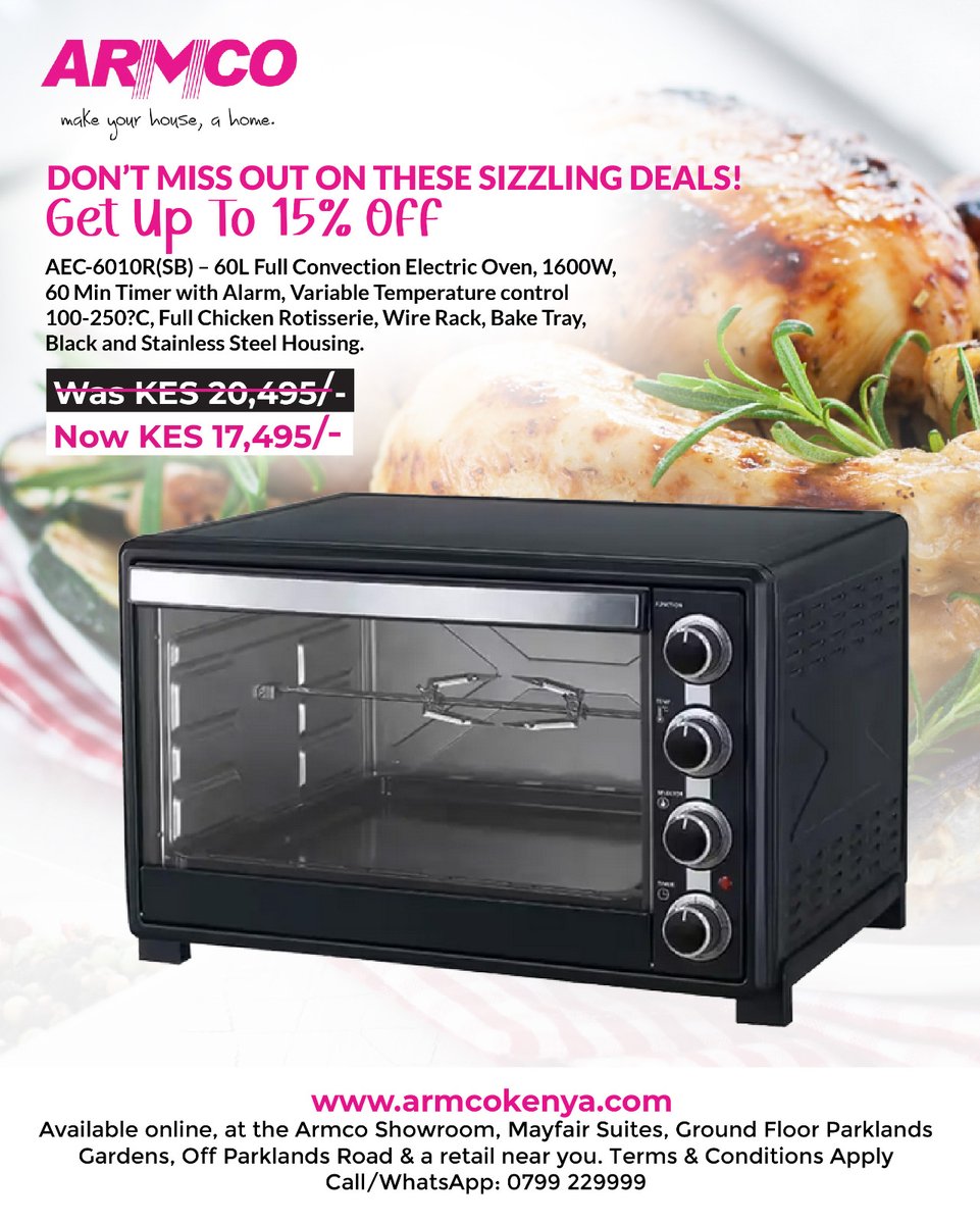 ArmcoKenya's tweet image. Upgrade your kitchen with an Armco Electric Oven and save UP TO 15%! 💰
Limited time offer. 

Grab yours today: armcokenya.com/product-catego…
📱 0799 229 999

#EasterDealsKE #KitchenEssentials #Armco #Easter2026