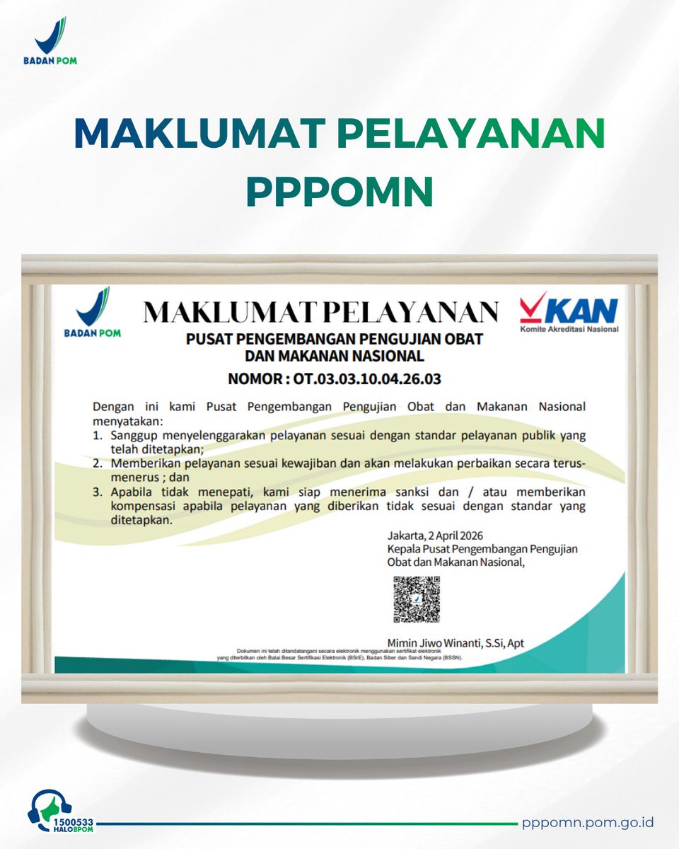pppomnbpom's tweet photo. Halo #SahabatBPOM

PPPOMN berkomitmen memberikan pelayanan terbaik untuk masyarakat 🤝✨

Melalui Maklumat Pelayanan, PPPOMN menunjukan Komitmennya menjadi wujud nyata dalam menghadirkan layanan yang transparan, akuntabel, dan berorientasi pada kepuasan masyarakat https://t.co/g6BgSlJMQK
