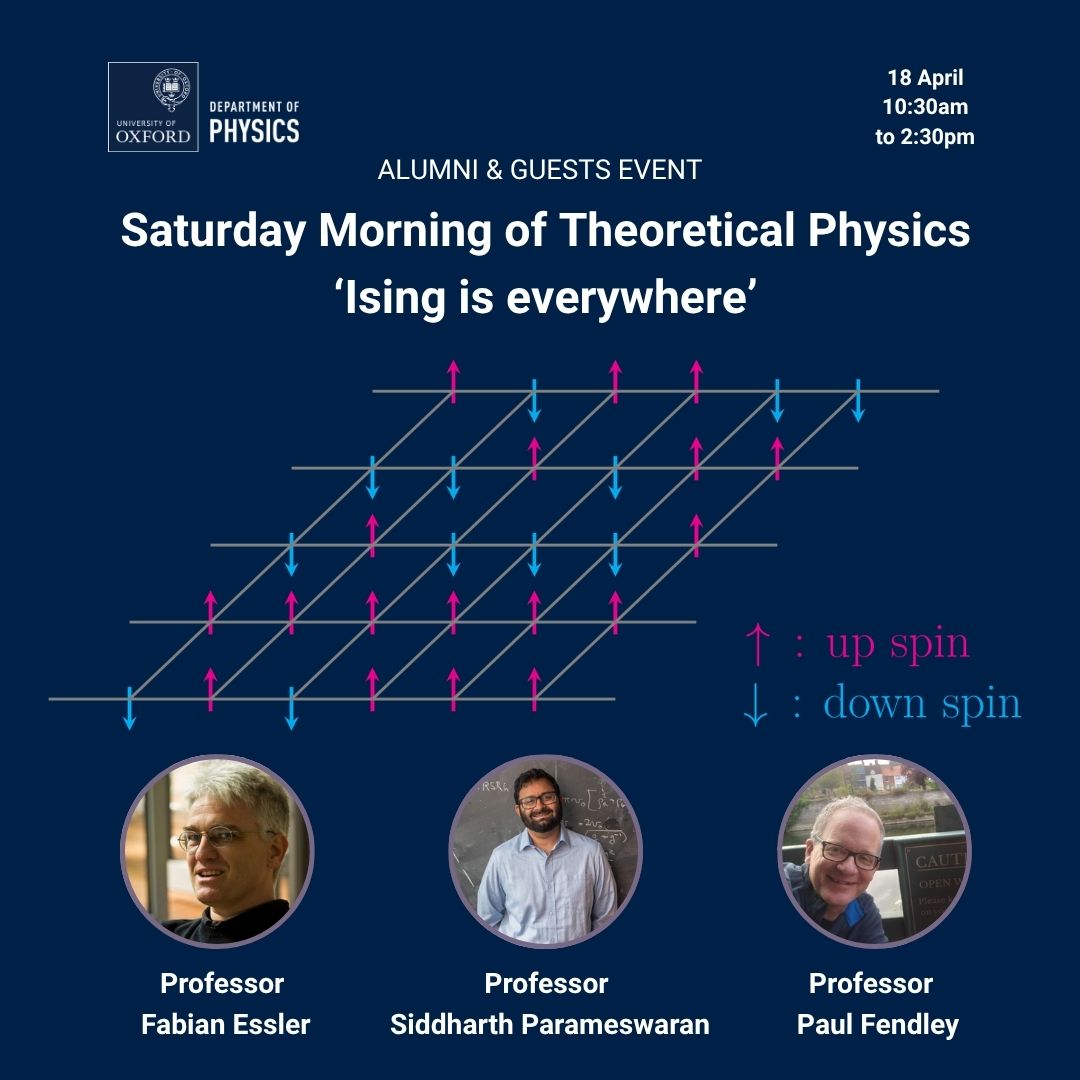 OxfordPhysics's tweet image. Celebrate 100 years of the Ising model! Join Oxford Profs Parameswaran, Essler, and Fendley for three expert lectures. Physics knowledge required. *For physics alumni and their guests, only.*
More info: physics.ox.ac.uk/events/saturda…
#Ising #TheoreticalPhysics #Oxford #physics