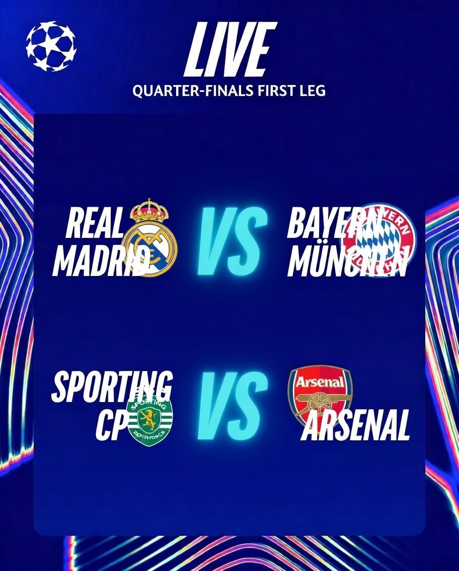 Champions league quarter finals today:
Real Madrid vs Bayern Munich
  Sporting CP vs Arsenal
#RMABAY #SCPARS #UCL #ARSENAL