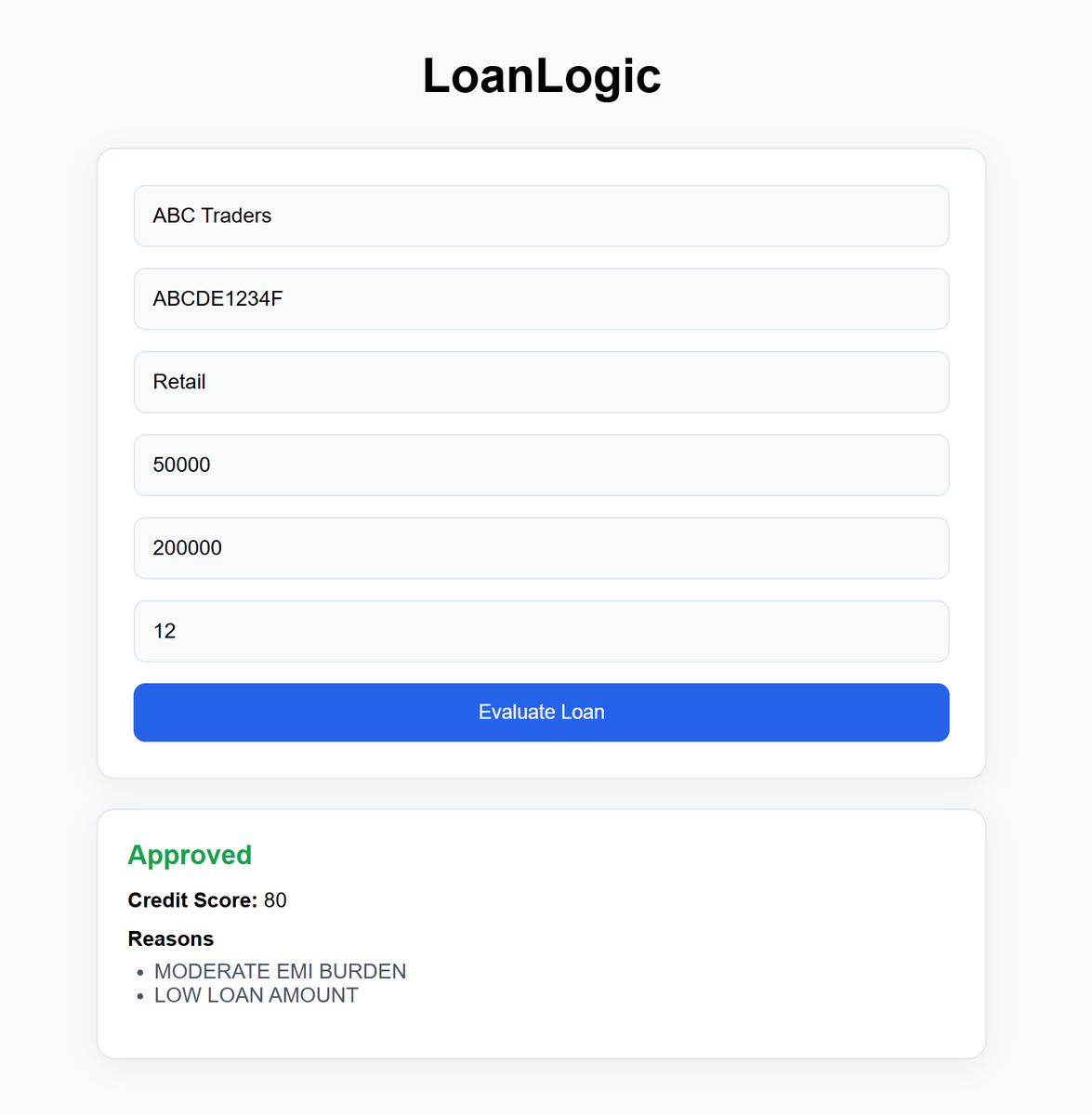 ItsDilip's tweet photo. Built a Loan Decision System as part of a hiring challenge ⚡

Simulates how MSME loans are evaluated:
💯 Credit score
✅ APPROVED / REJECTED
📊 Reason codes (explainable decisions)

Full-stack (React + Node + Postgres) with clean decision logic.

#fullstack #nodejs #react https://t.co/3GTYuYJJ2B