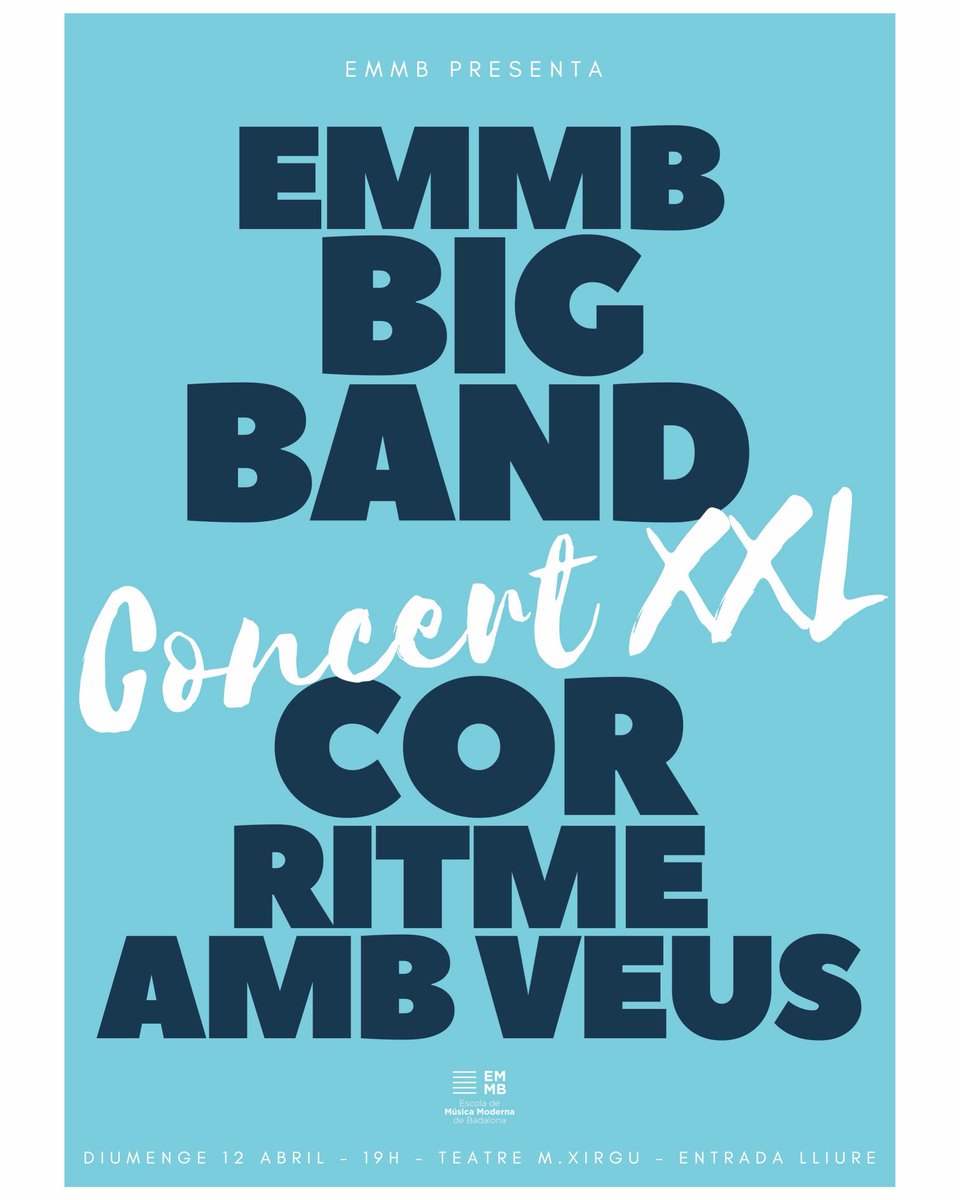 BadalonaEmm's tweet photo. Aquest diumenge! Concert EMMB XXL! BIG BAND EMMB + COR RITME AMB VEUS! Les nostres dues formacions més gegants! Tots cap al teatre! 🎉🎶🥳

Direcció Big Band - Carles Vecino i Marina Vallet
Direcció Cor - Mireia Vilar

📍Diumenge 12/4, 19h
Teatre Margarida Xirgu
Entrada lliure https://t.co/55ymREWh8A