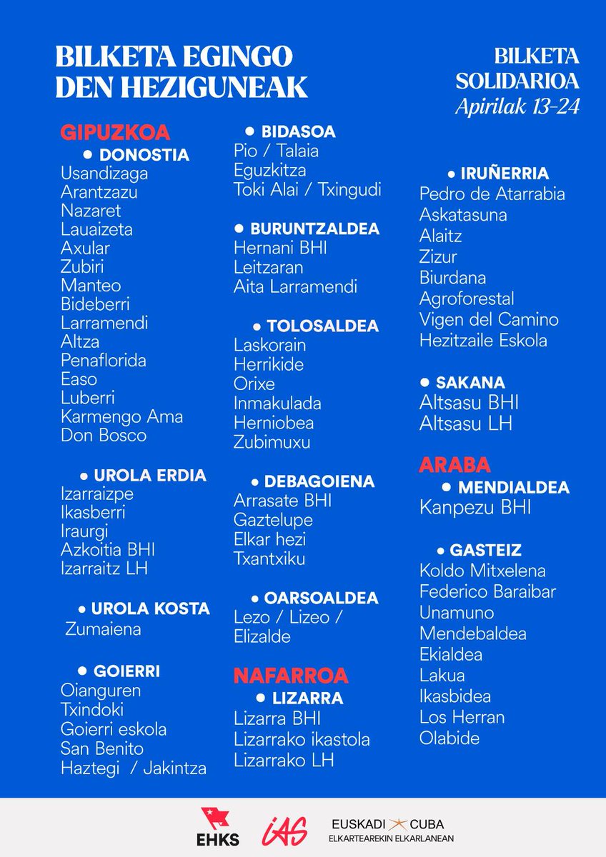 GedarLangileKZ's tweet photo. Kubara bidaltzeko oinarrizko produktuen bilketa egingo dute @EHKSozialista|k eta @IASozialista|k, @euskadicuba elkartearekin 

93 herritan bilduko dituzte produktuak apirilaren 25ean, eta 100 hezigunetan baino gehiagotan hilaren 13tik 24ra bitartean

🔗 https://t.co/I9uUbJuKXU https://t.co/Il5uvrTPET
