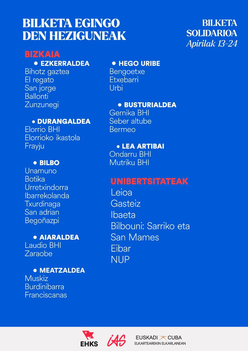 Kubara bidaltzeko oinarrizko produktuen bilketa egingo dute <a href="/EHKSozialista/">Euskal Herriko Kontseilu Sozialista</a>|k eta <a href="/IASozialista/">Euskal Herriko Ikasle Antolakunde Sozialista</a>|k, <a href="/euskadicuba/">euskadicuba</a> elkartearekin 

93 herritan bilduko dituzte produktuak apirilaren 25ean, eta 100 hezigunetan baino gehiagotan hilaren 13tik 24ra bitartean

🔗 gedar.eus/aktualitatea/k…