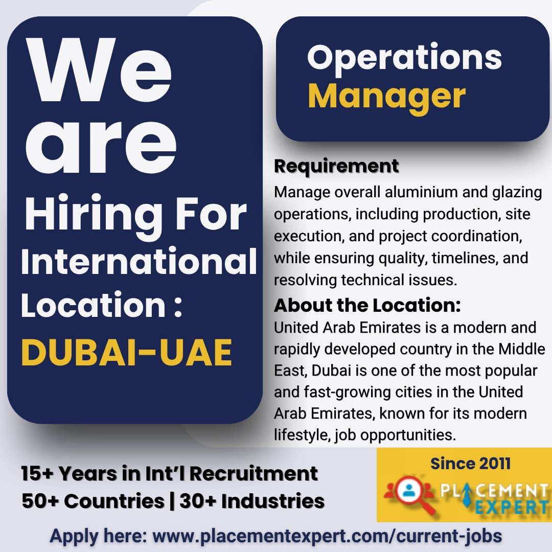 placementxpert's tweet photo. 🚀 Ready for a global career opportunity?

We are hiring an Operations Manager for our international client in Dubai, UAE.

For more visit: https://t.co/cgSnVDjuif

#placementexpert #Hiringfromindia #currentjobs  #JobOpportunity #OperationsManager #InternationalJobs #ApplyNow https://t.co/lTUxdfFzOw