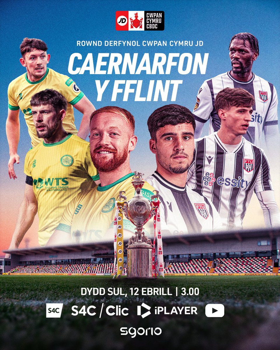 sgorio's tweet photo. Rownd derfynol Cwpan Cymru JD yn fyw ar S4C 🤩

Will @CaernarfonTown lift the #JDWelshCup for the first time in their history, or can @FlintTownFC win the competition for the first time in 72 years? 🏆

📺 @S4C | https://t.co/Sw1cT7J6yz https://t.co/YIF55g6O6C