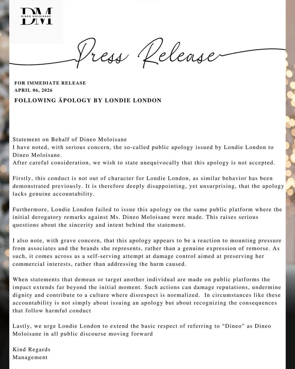 Influencer Dineo Moloisane responds to 'RHOD' star Londie London's public apology...

"Today’s statement reflects our commitment to accountability, respect, and protecting dignity in public discourse. An apology without sincerity and responsibility cannot be accepted. We stand...