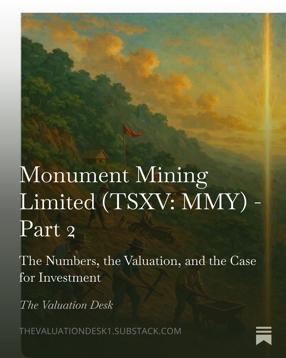 ValuationDesk's tweet photo. $MMY $MMY.V Monument Mining Limited Part 2 is live. The numbers behind the thesis. At current gold prices, the mine generates its entire EV in pre-tax cash flow in just over a year. Zero debt. US$83M cash. 
Read 👇
https://t.co/ET6dQZUqSZ https://t.co/JOjEmXc3Nx