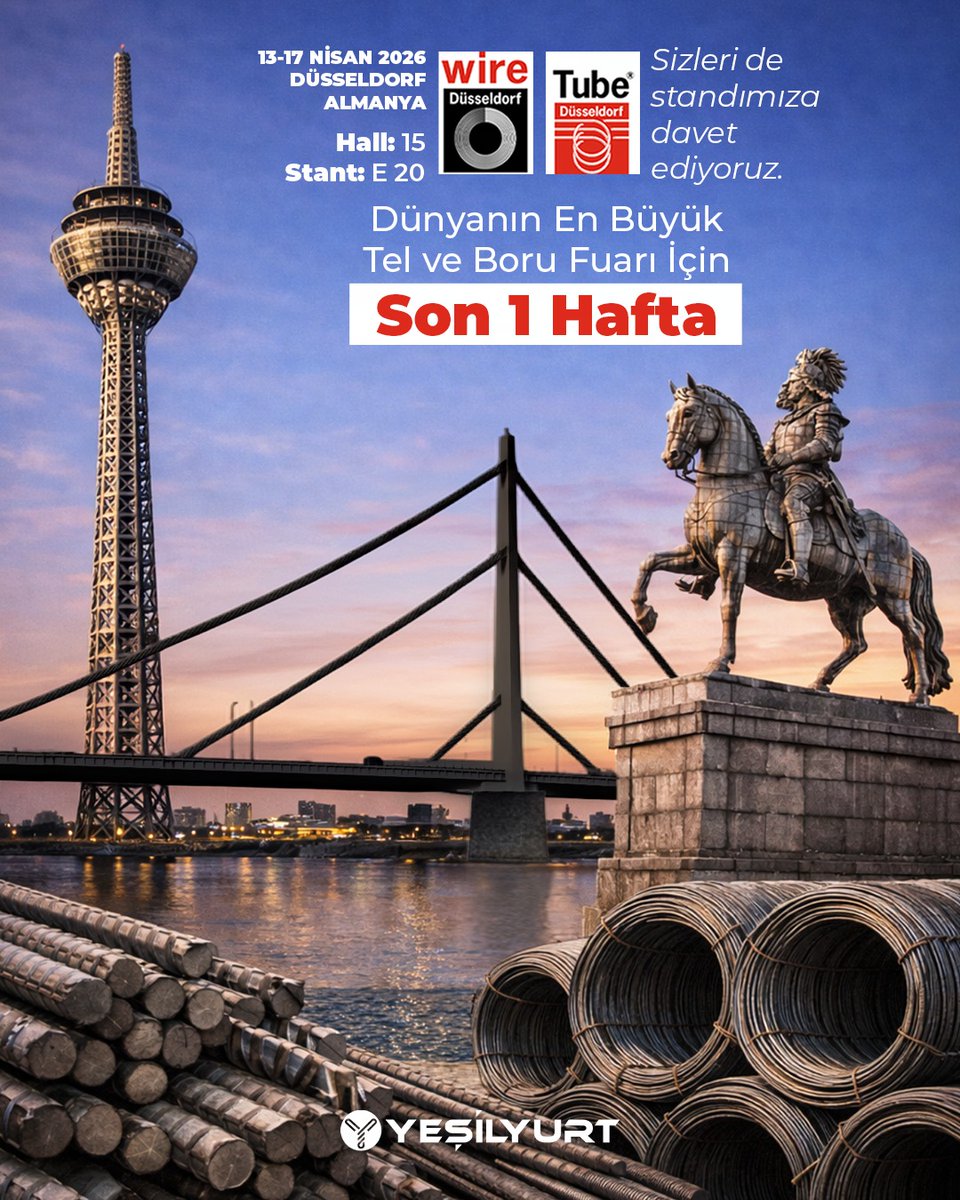 yesilyurtgroup's tweet photo. Metal dünyasının kalbi bu kez Wire &amp; Tube Düsseldorf’te atıyor.
13–17 Nisan 2026 tarihlerinde  Düsseldorf'ta gerçekleşecek fuarda biz de yerimizi alıyoruz.
Yenilikçi çözümlerimizi yakından keşfetmek ve iş birlikleri için sizleri de standımıza bekliyoruz.
📍 Salon 15 – Stand E20 https://t.co/HYaDUEzWD2