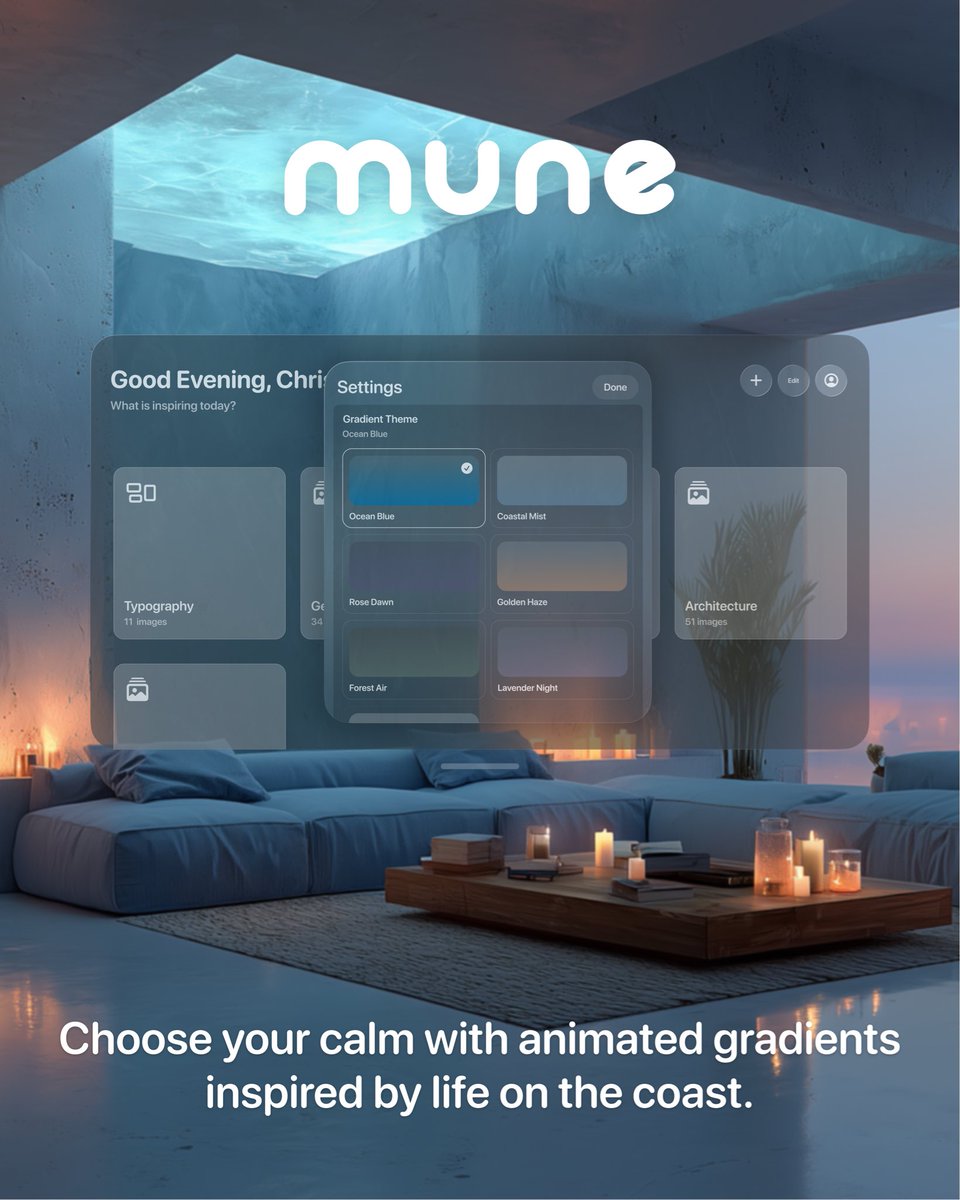 SeventeeSevenVR's tweet photo. Mune - A spatial moodboarding app for vision os is out now and v1.1 with additional gradient sets is en route 🌊 #xr #spatial #productivity #visionpro #mixedreality https://t.co/QBclpASDLS
