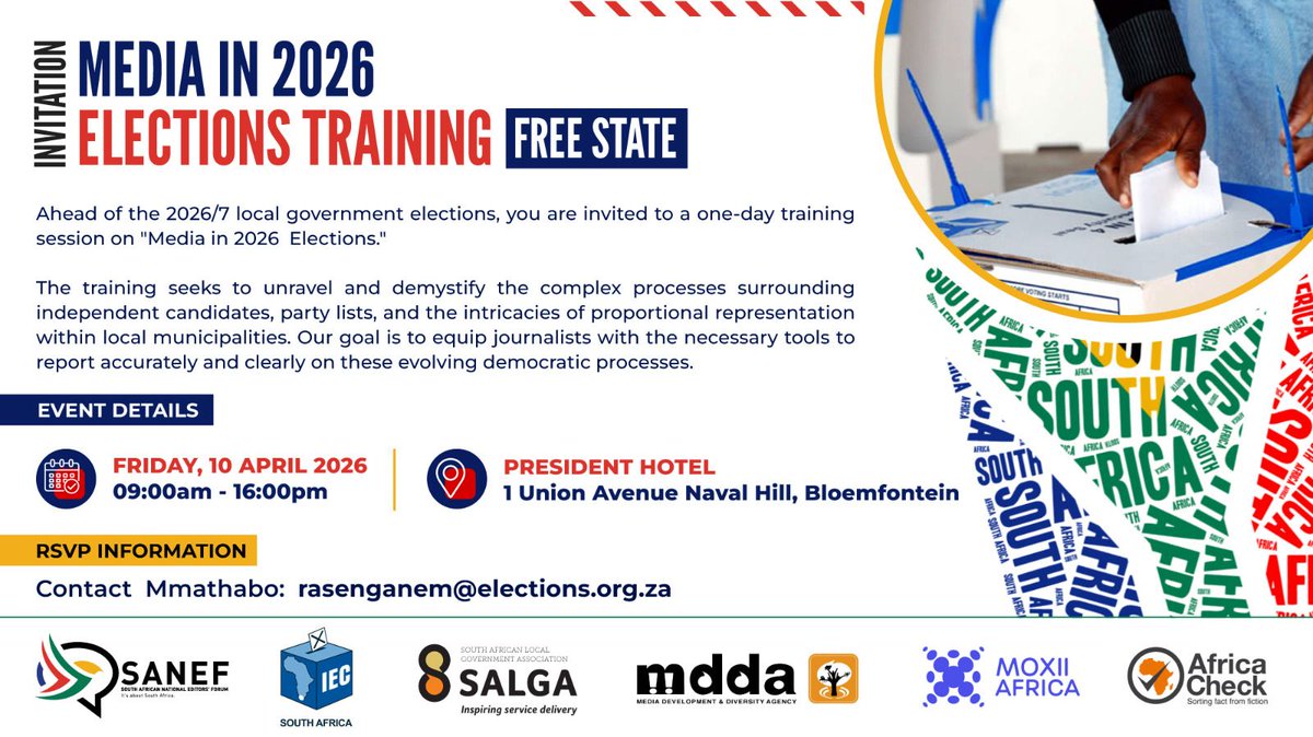 SALGA_Gov's tweet photo. @SAEditorsForum, @MddaMedia, @IECSouthAfrica , SALGA, @moxiiafrica & @AfricaCheck invite Free State media practitioners to a 1 day training on “Media in 2026 Elections” on Friday, 10 April 2026.
#LGEMediaTraining
#LGE
#MediainElections
#ElectionsCoverage
#communitymedia https://t.co/z4jWT3ktql