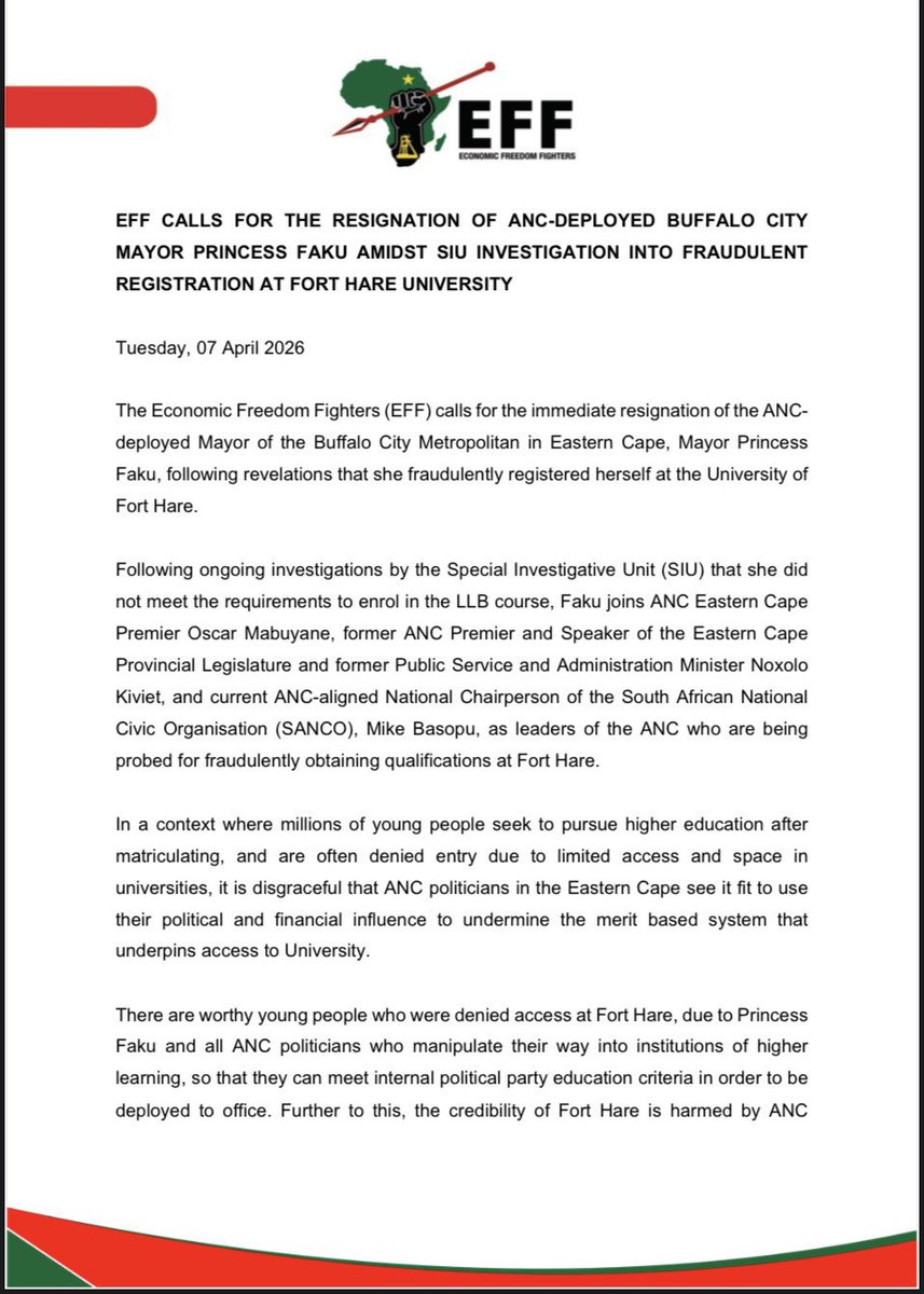 Sinawo_Thambo's tweet image. ♦️JUST IN♦️

EFF Calls For ANC Mayor of Buffalo City Metropolitan in the Eastern Cape, Princess Faku To Resign Following SIU Probe Into Degree-Fraud At Fort Hare

She joins ANC Eastern Cape Premier Oscar Mabuyane, Former ANC Eastern Cape Premier &amp;amp; Speaker Noxolo Kiviet (former
