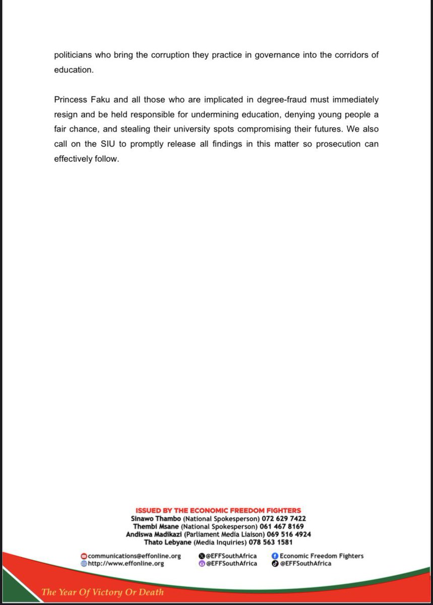 Sinawo_Thambo's tweet image. ♦️JUST IN♦️

EFF Calls For ANC Mayor of Buffalo City Metropolitan in the Eastern Cape, Princess Faku To Resign Following SIU Probe Into Degree-Fraud At Fort Hare

She joins ANC Eastern Cape Premier Oscar Mabuyane, Former ANC Eastern Cape Premier &amp;amp; Speaker Noxolo Kiviet (former