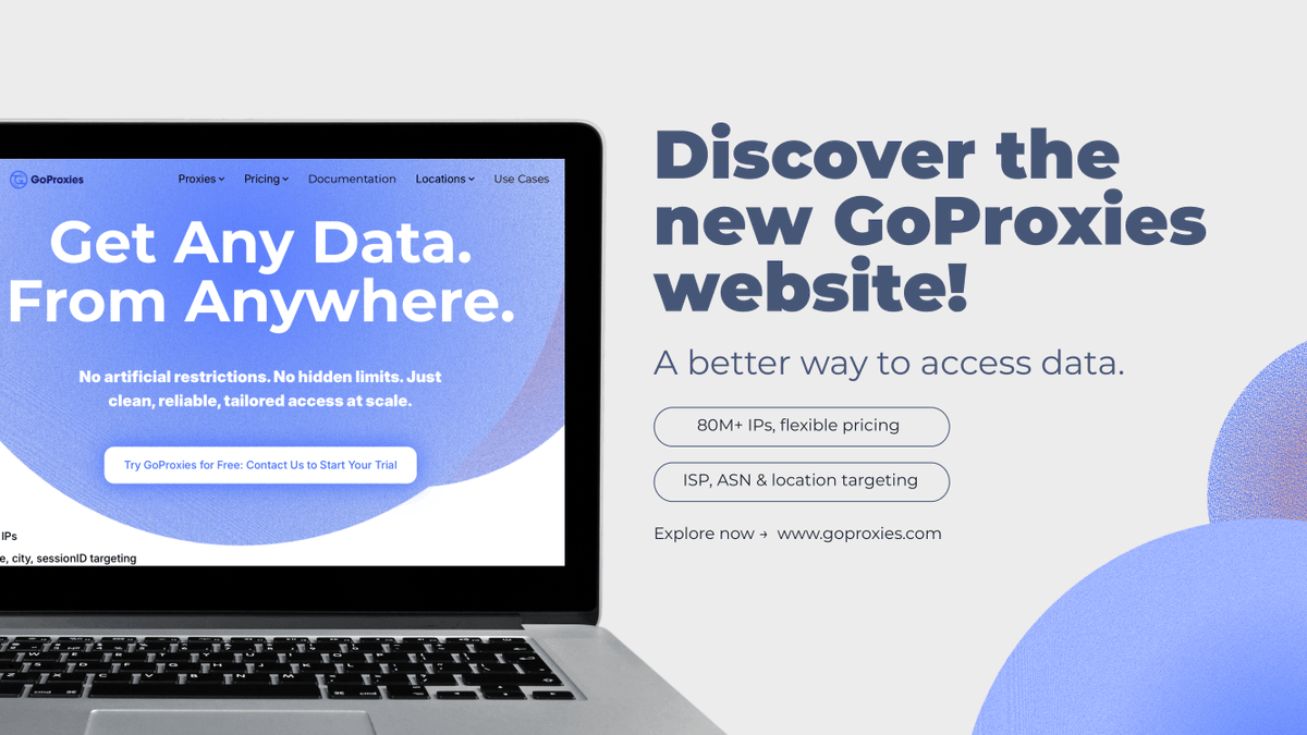 GoProxies_com's tweet photo. Discover the new GoProxies website 🚀

Faster, cleaner, and easier to use, with 80M+ IPs, advanced targeting, and flexible pricing for scalable data collection.

Explore now ↓
https://t.co/dlBKKAHvUV

#proxies #webscraping #datacollection #saas #tech https://t.co/gchriQ33eD