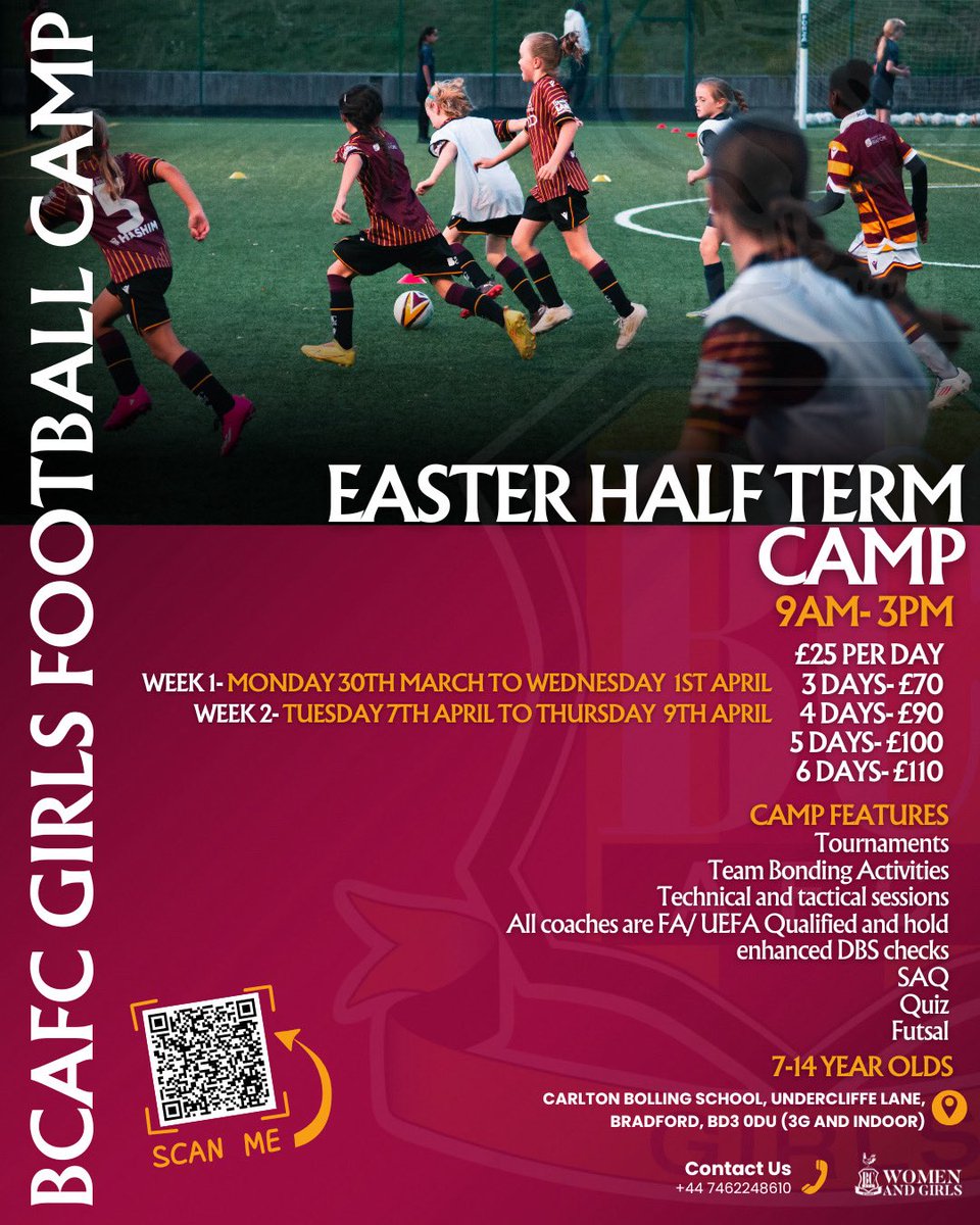 bcafc_girls's tweet photo. 𝐓𝐡𝐞𝐫𝐞’𝐬 𝐬𝐭𝐢𝐥𝐥 𝐭𝐢𝐦𝐞 𝐭𝐨 𝐣𝐨𝐢𝐧 𝐮𝐬! 🐓⚽️

Join our Bradford City AFC Camp and finish the Easter half term the right way 🤩

📲 https://t.co/zwosQLOAhV

#BCAFC https://t.co/aTomWo8vlK