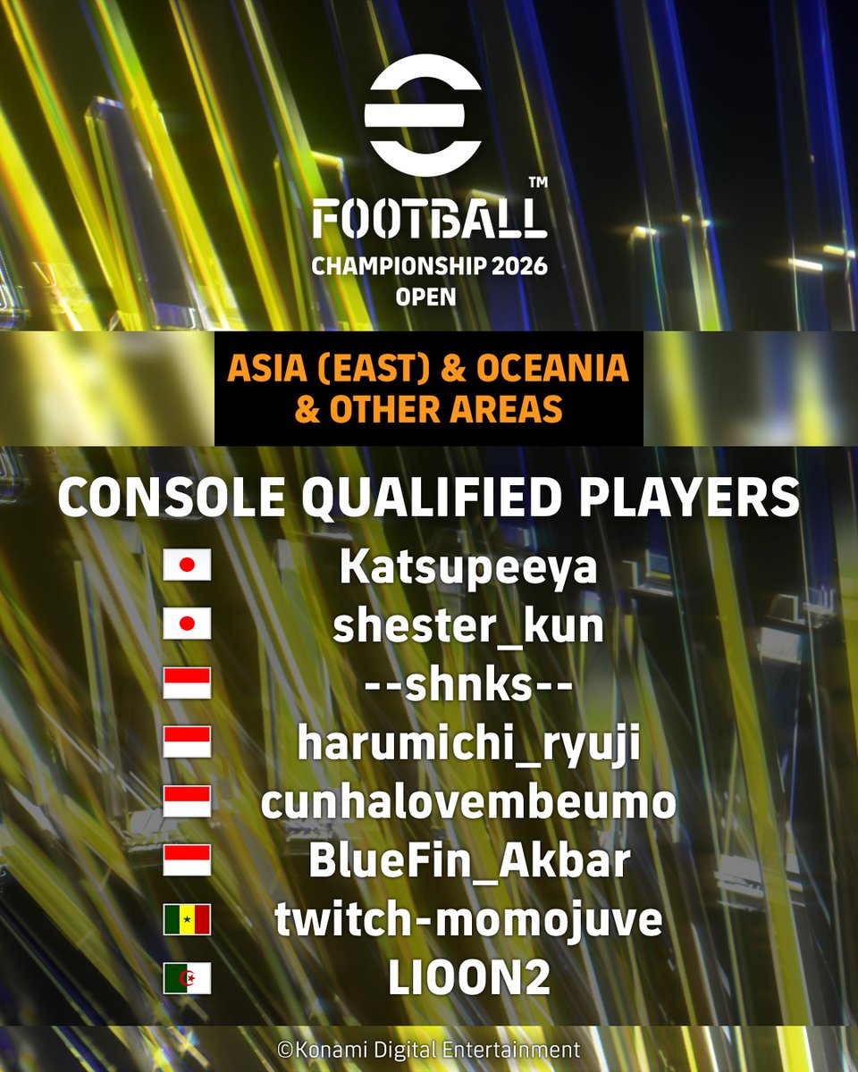 play_eFootball's tweet photo. 【eFootball™ Championship 2026 Open 1st Qualifiers Round 3】

After intense battles, these players have secured their tickets to Regional Finals!

The fight for the top is far from over 🔥

The “2nd Qualifiers” will be kicking off soon!
You could be the next to rise to the world stage⚽️

#eFootball