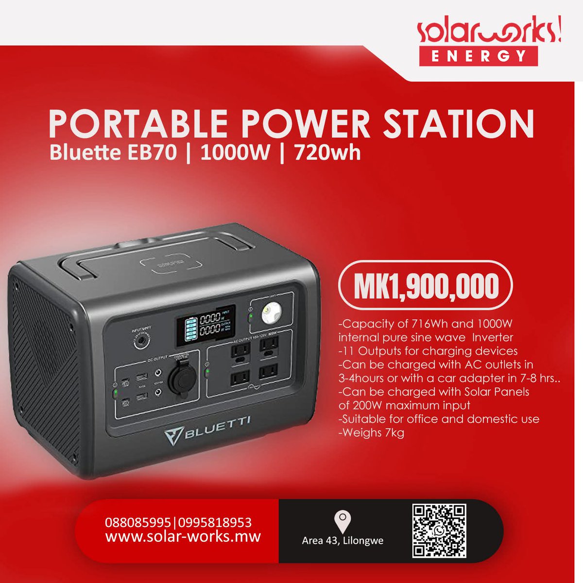 Solarworks_mw's tweet photo. Portable power station Imagwira ntchito ngati back up power. Ena amakati ka mini solar generator. Kamayatsa ma plasma, ku chajila ma phone ma laptops ndi zina zotero. Mutha kukatenganso kumudzi kapena camping. Katundu wabwino ndipo akupedzeka ku Solarworks Energy Malawi kokha🔥 https://t.co/NEdffcQXtk