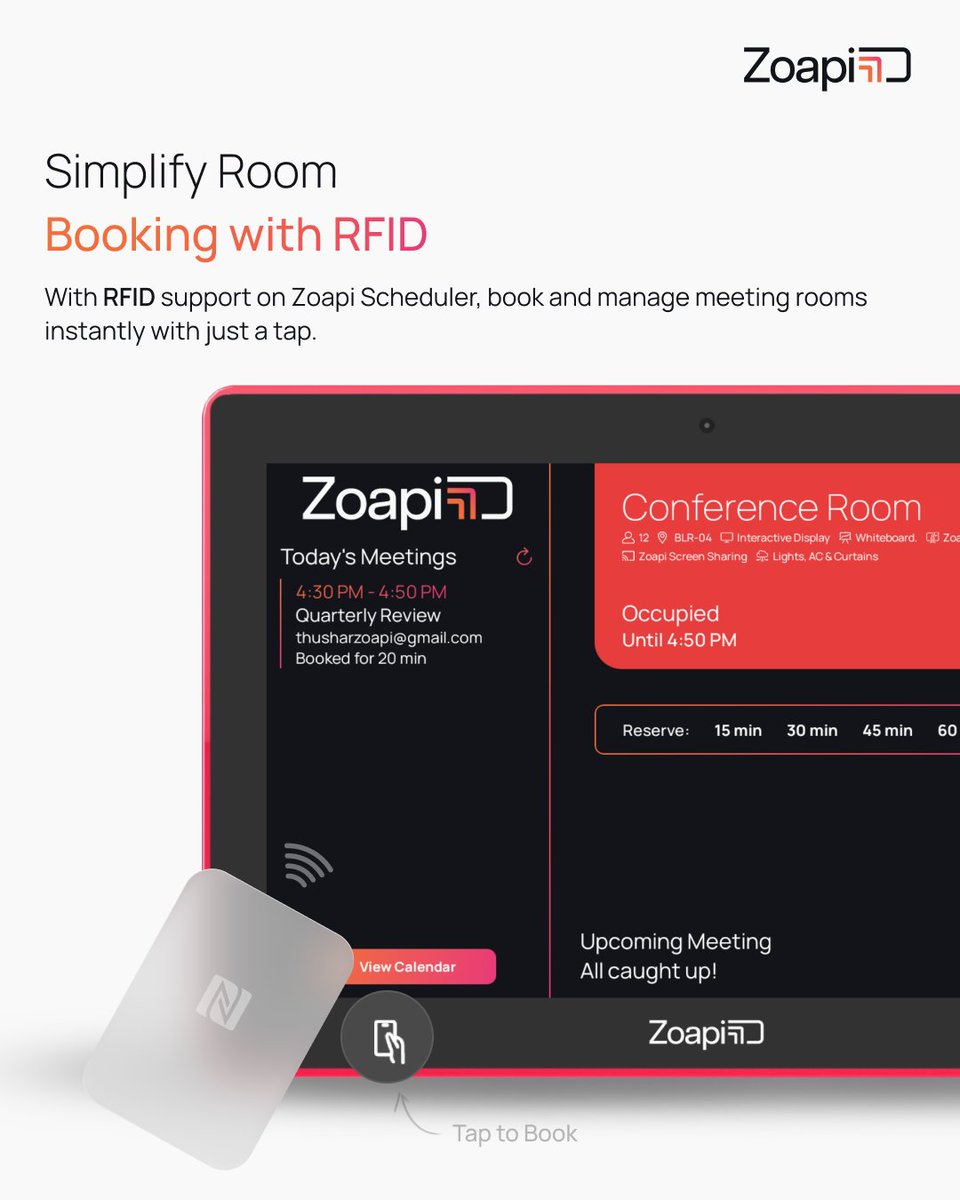 ZoapiInnovation's tweet photo. Better meetings start with simpler interactions. 💯

With RFID on Zoapi Scheduler, just tap to book and access rooms instantly. 🪪

No extra steps. Just seamless meetings. 🌟

#RFID #NFC #Zoapi https://t.co/eeYNFRSb77