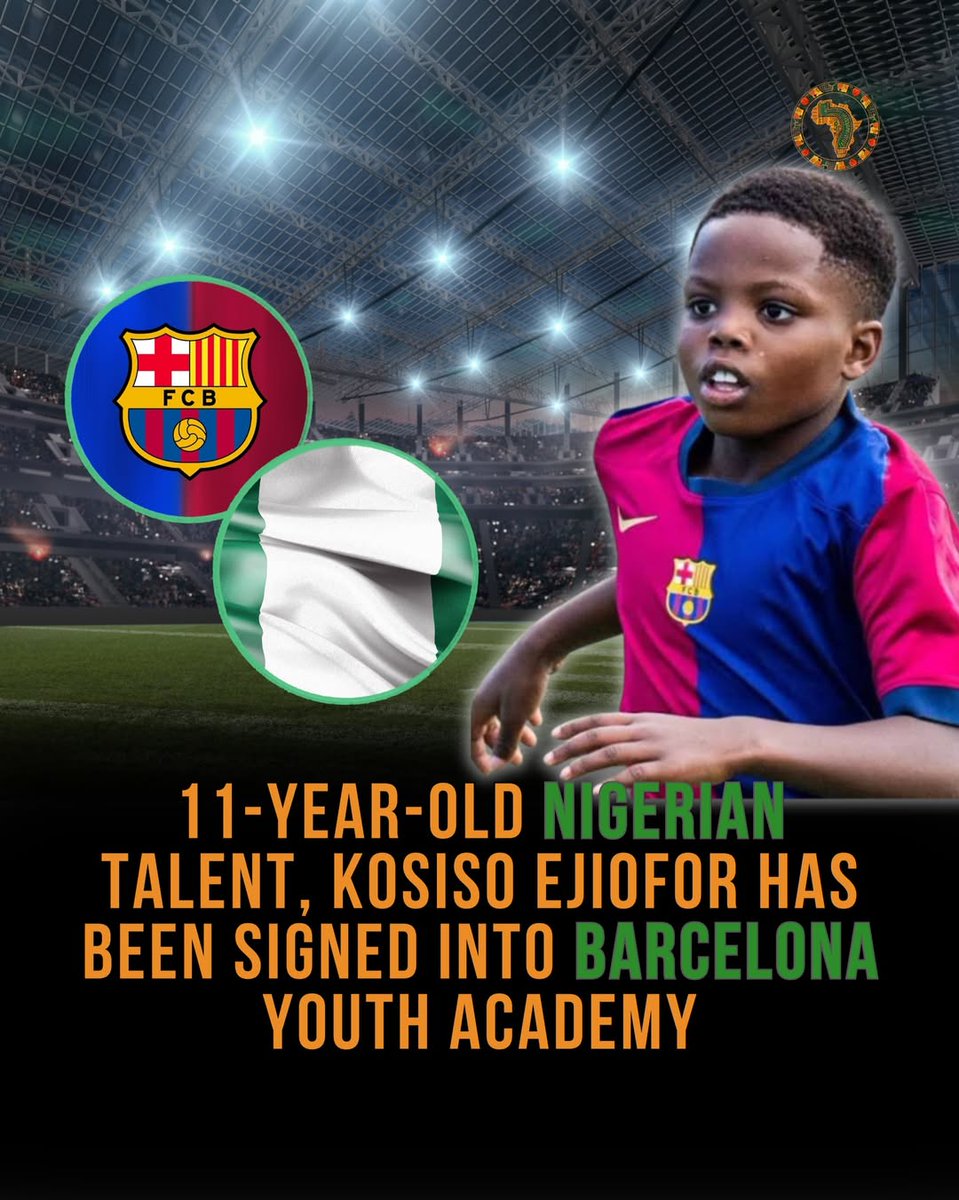 EEE_INITIATIVE's tweet image. Meet 11-year-old Kosiso Destiny Ejiofor, rising star at FC Barcelona’s La Masia ⚽

145 goals in 52 games, LaLiga FC FUTURES top scorer, mentioned alongside Lamine Yamal and Kylian Mbappé. Nigeria to the world 🌍

 #NigeriaToTheWorld #AfricanExcellence #FootballTalent
