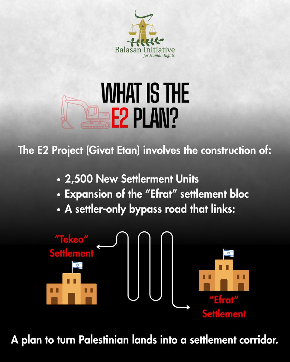BalasanR's tweet photo. Israel's E2 Plan aims to construct 2,500 settlement units, encircling Bethlehem in a settlement ring. This expansion is driven by systematic settler violence and constitutes a grave breach of international law. 

To read the full update, https://t.co/xvR1bMdA2I https://t.co/snVNu79dbA