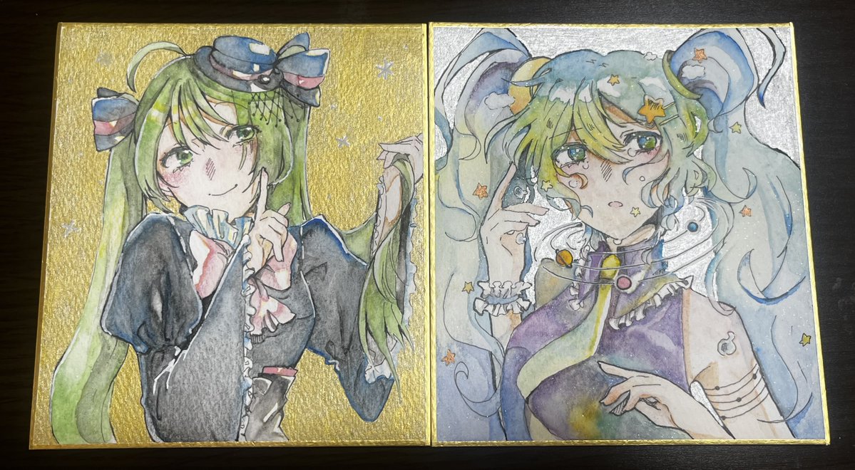 asanegiY's tweet image. 4/11 (土) 20時にBOOTHにてミニ色紙2枚頒布します〜。

1枚1800円
(+BOOTHでの送料がかかります)
FFさん限定でDMにて取り置きも可能です〜何卒！

どちらもラメが入っててキラキラなんですけど……うまく映らない…🤨(2枚目)