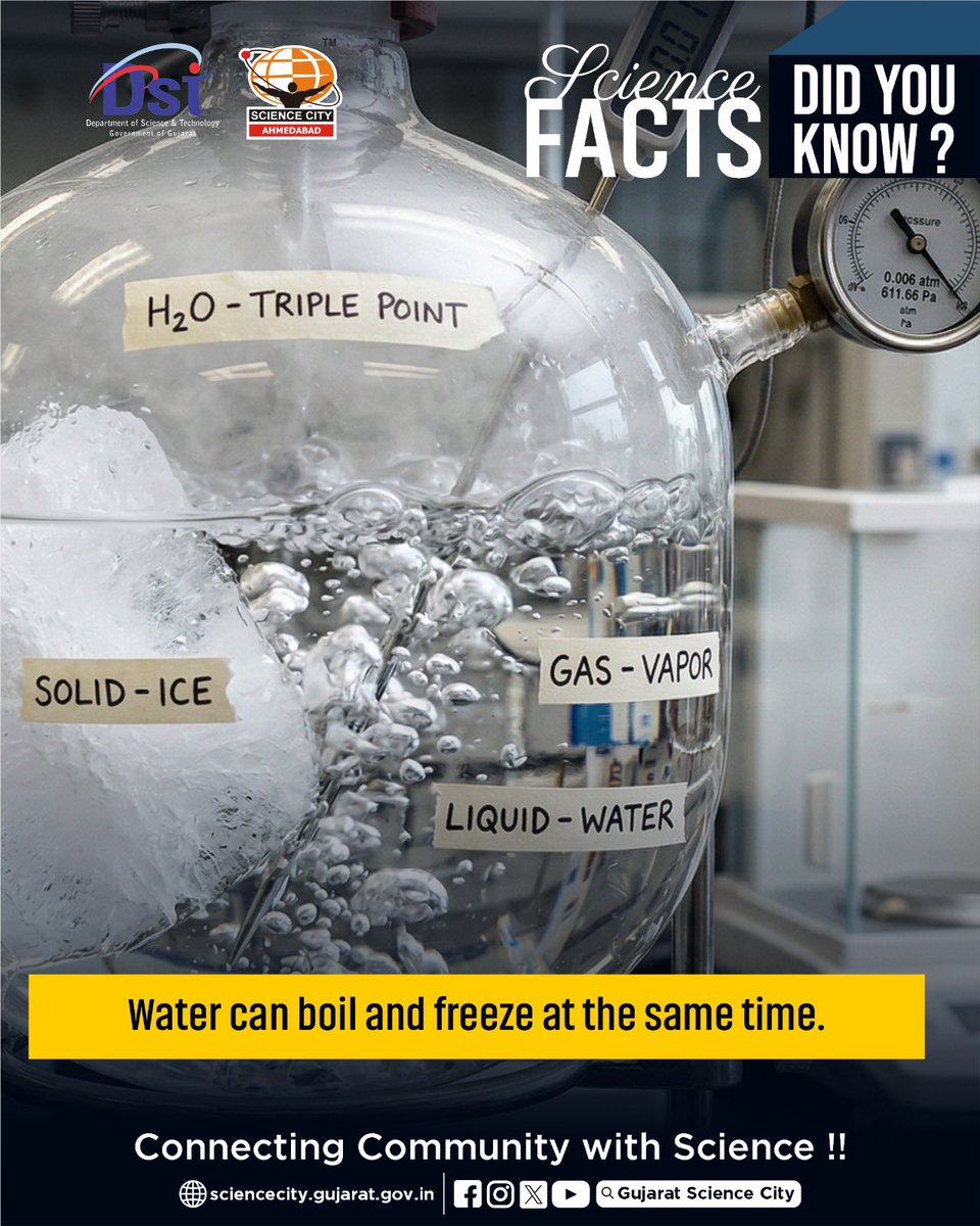 GujScienceCity's tweet photo. Did You Know?
Water can boil and freeze at the same time! This fascinating phenomenon is called the Triple Point—where solid, liquid, and gas coexist in perfect balance. 
Explore the wonders of science where the impossible becomes possible!
#DidYouKnow #ScienceFacts #TriplePoint #Thermodynamics #STEMLearning #ScienceCity #Innovation #ExploreScience #FunScience
@PMOIndia @CMOGuj @GovernorofGuj @IndiaDST @DSTGujarat @InfoGujarat @drvrajesh @arjunmodhwadia @InfoGujcost