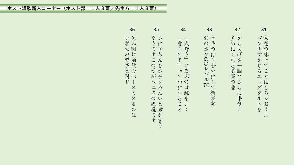 明後日のホスト歌会新人コーナー🥚

1人3首まで投票して合計の順位を競います私もこの中から3つ選びました！

誰が詠んだ短歌なのか発表は明後日
好きな歌あればDMでもコメントでも！