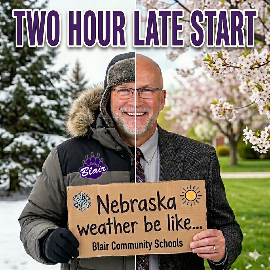 BlairSchools's tweet photo. Blair Community Schools will have a two hour late start on Tuesday, April 07, 2026, due to snowy weather conditions. There will be no morning preschool. Busses will run accordingly. Please be safe and stay warm! https://t.co/tcDAVjgrmv